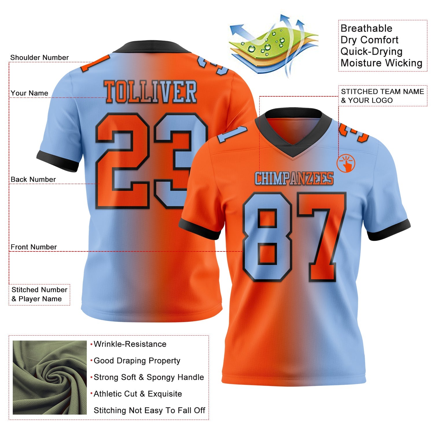Custom Light Blue Orange-Black Authentic Gradient Fashion Football Jersey view 2