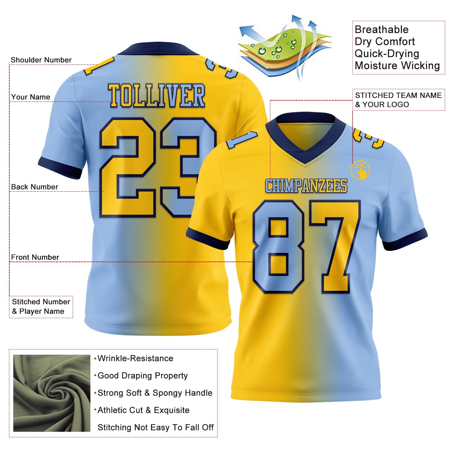 Custom Light Blue Yellow-Navy Authentic Gradient Fashion Football Jersey view 2