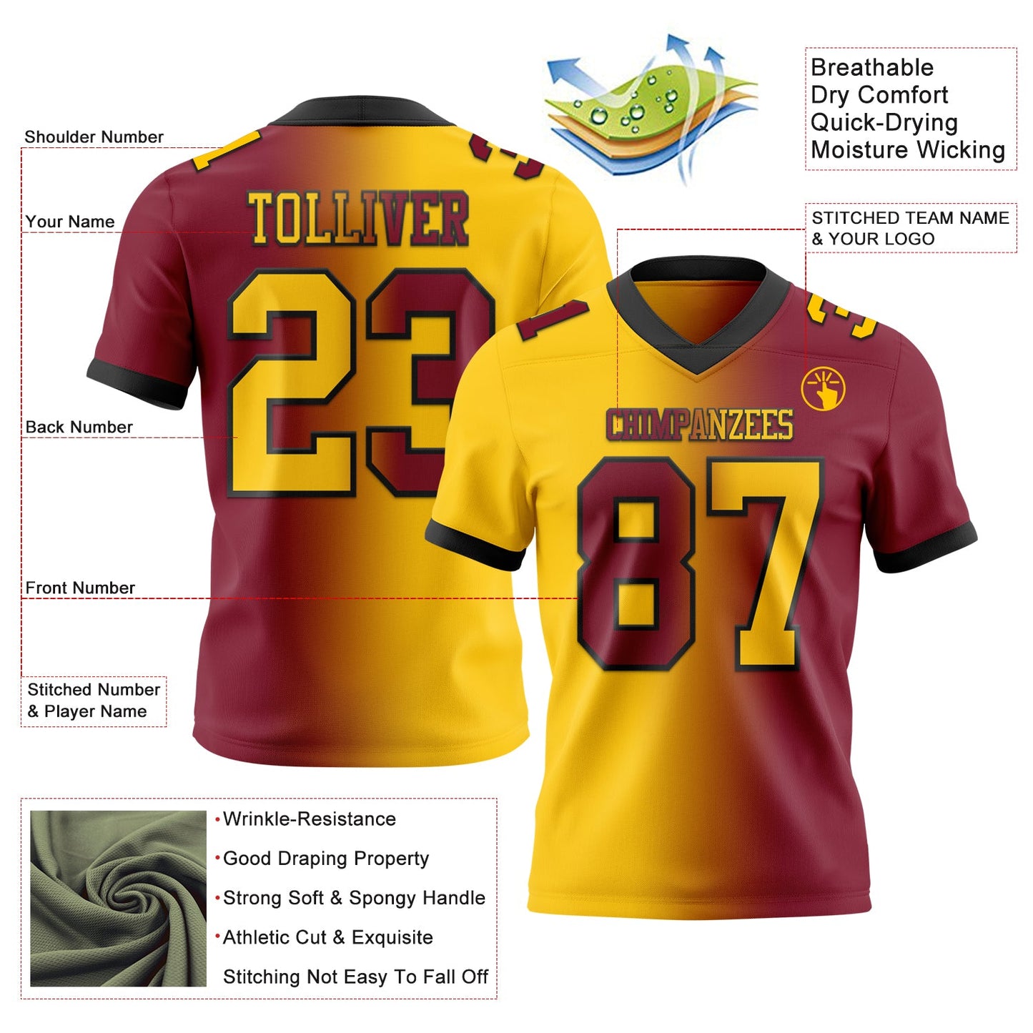 Custom Crimson Yellow-Black Authentic Gradient Fashion Football Jersey view 2