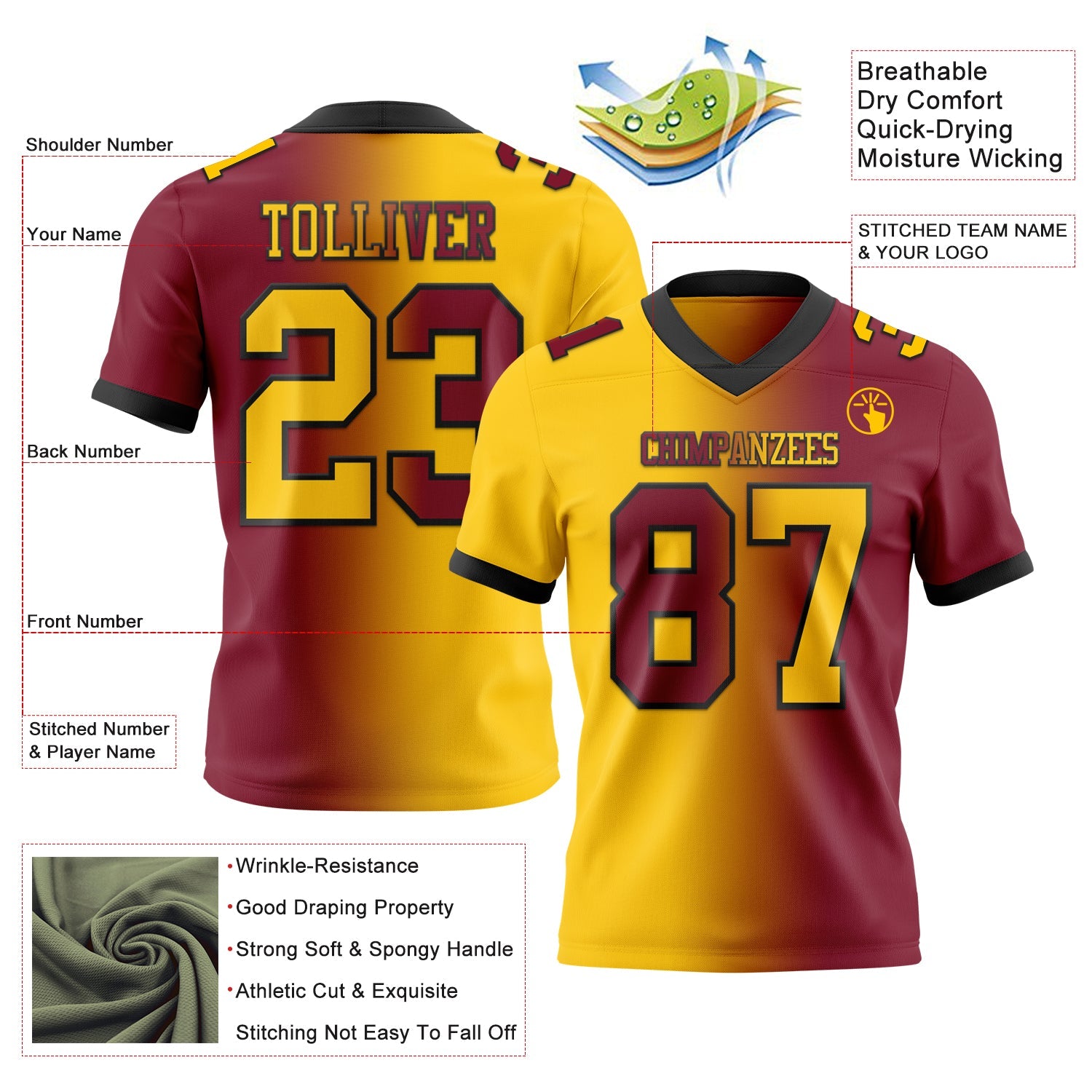 Custom Crimson Yellow-Black Authentic Gradient Fashion Football Jersey view 2