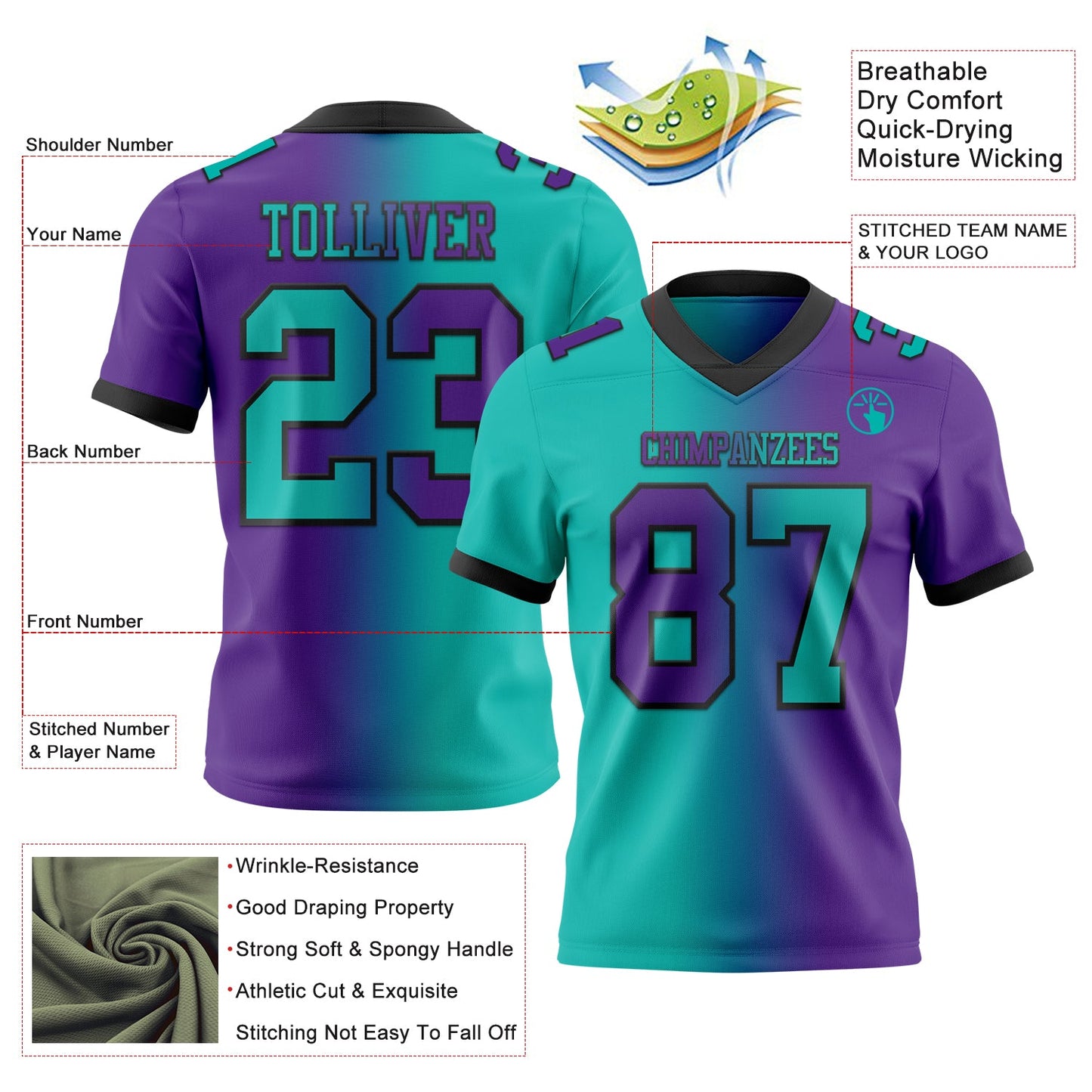 Custom Purple Aqua-Black Authentic Gradient Fashion Football Jersey view 2