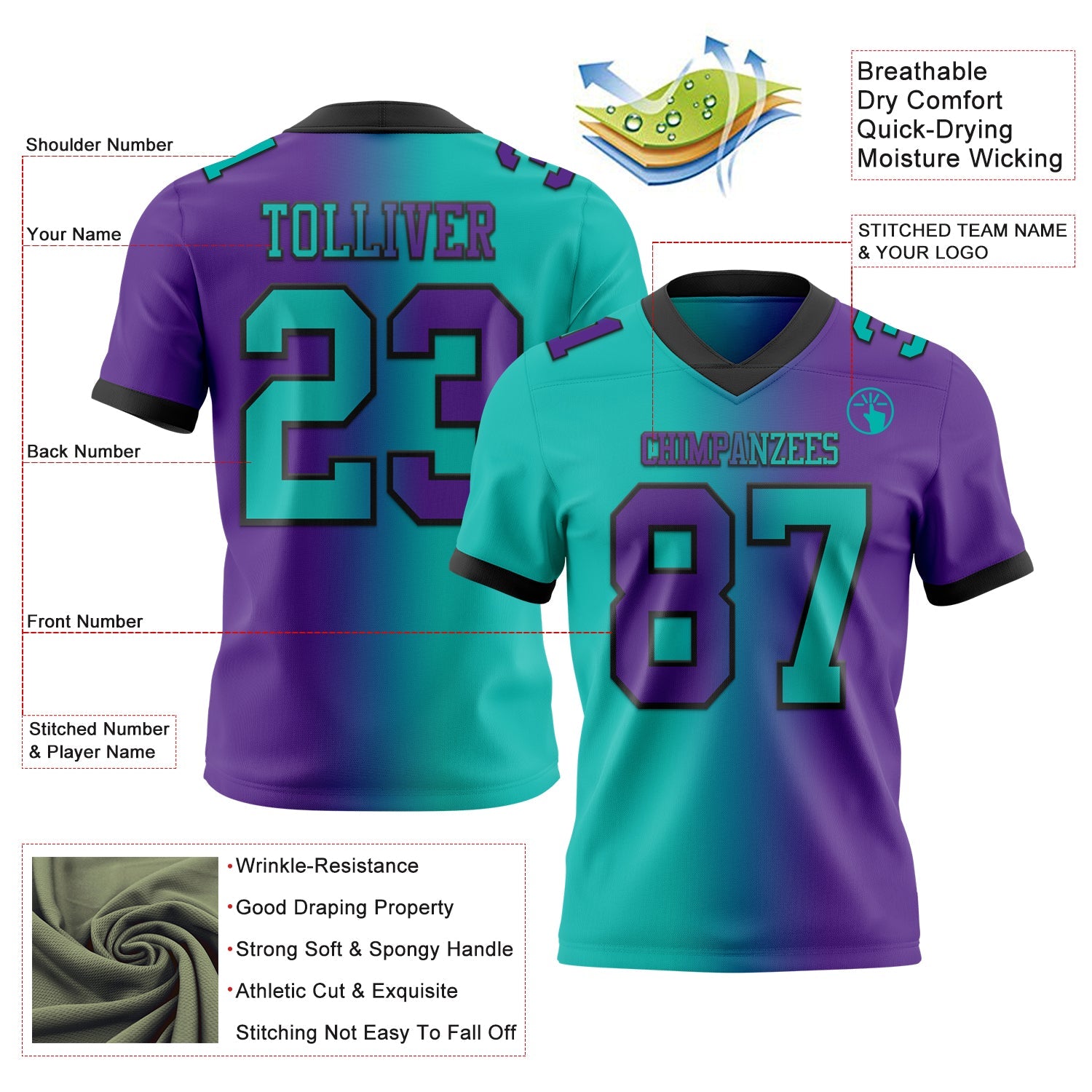 Custom Purple Aqua-Black Authentic Gradient Fashion Football Jersey view 2
