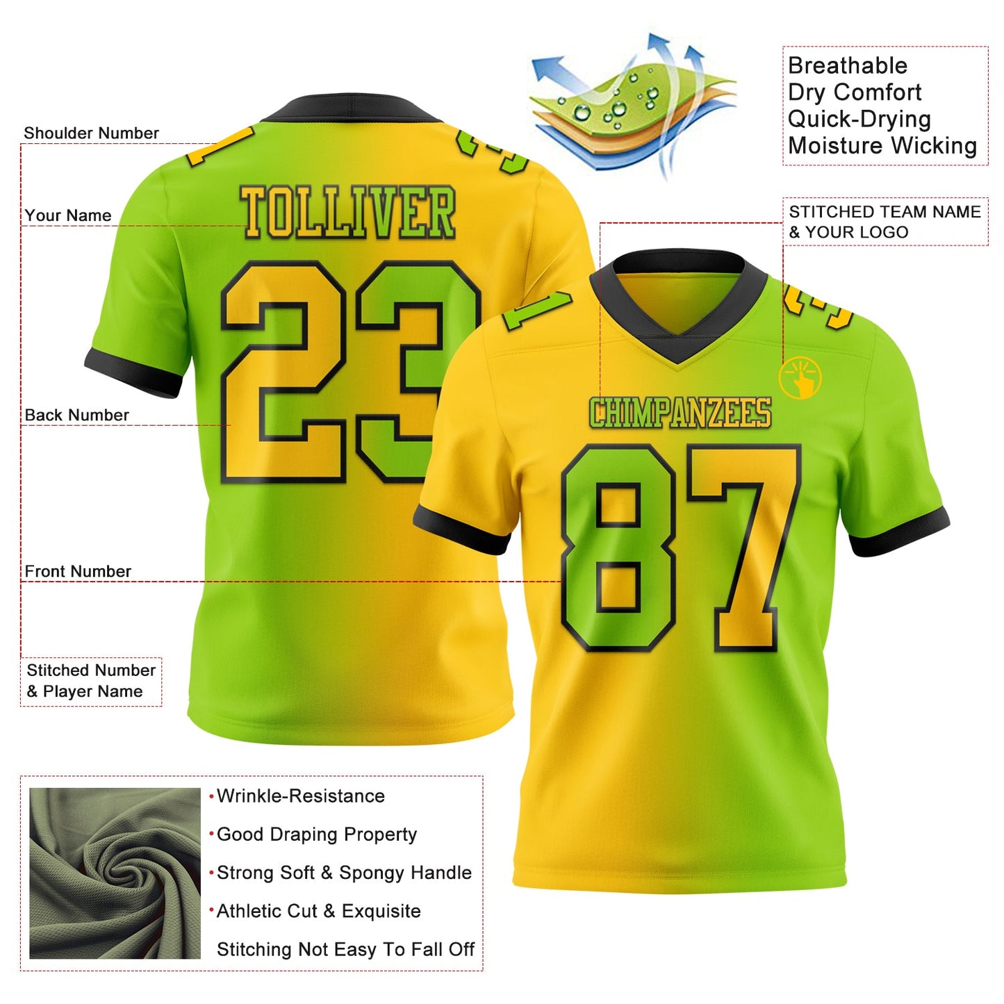 Custom Neon Green Yellow-Black Authentic Gradient Fashion Football Jersey view 2