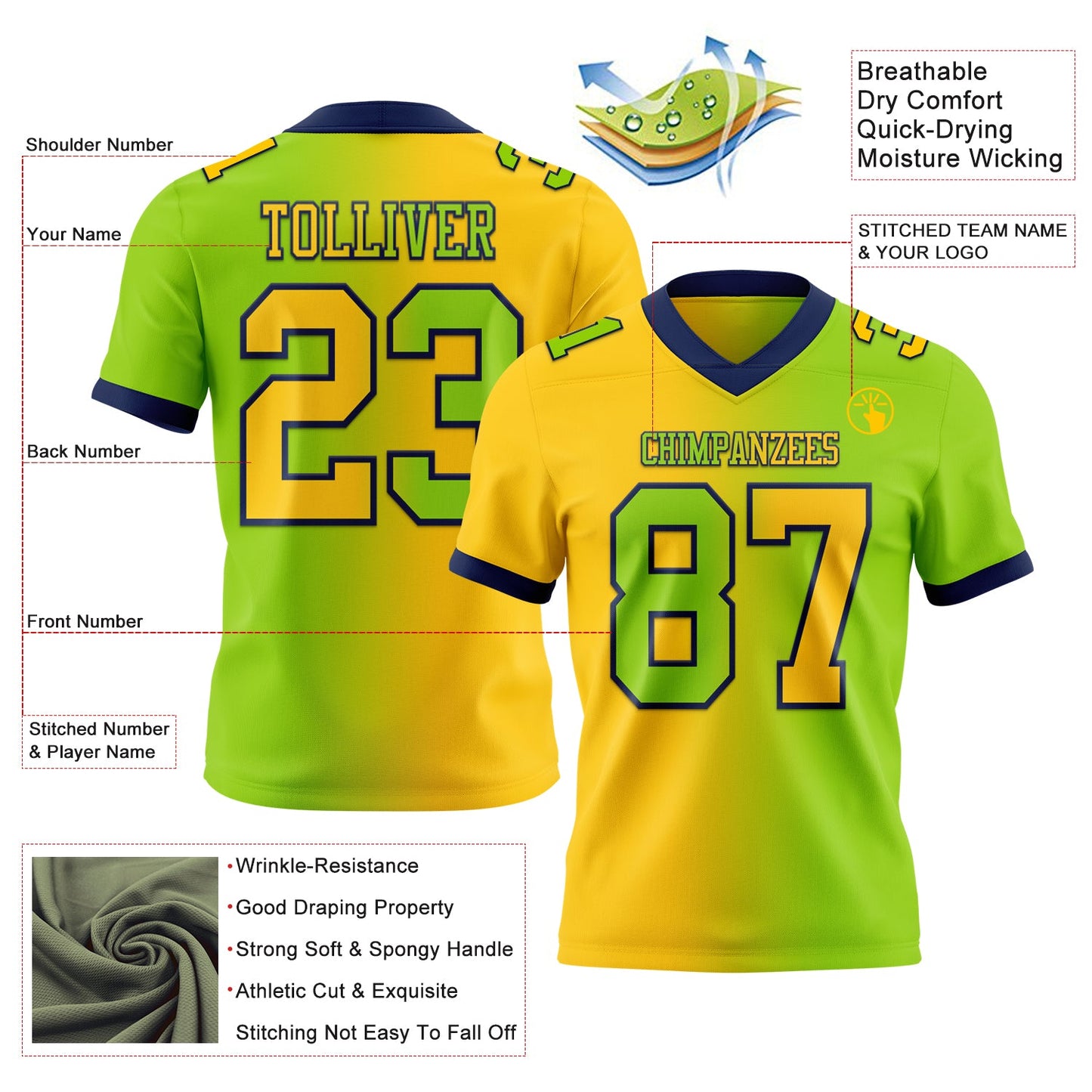 Custom Neon Green Yellow-Navy Authentic Gradient Fashion Football Jersey view 2