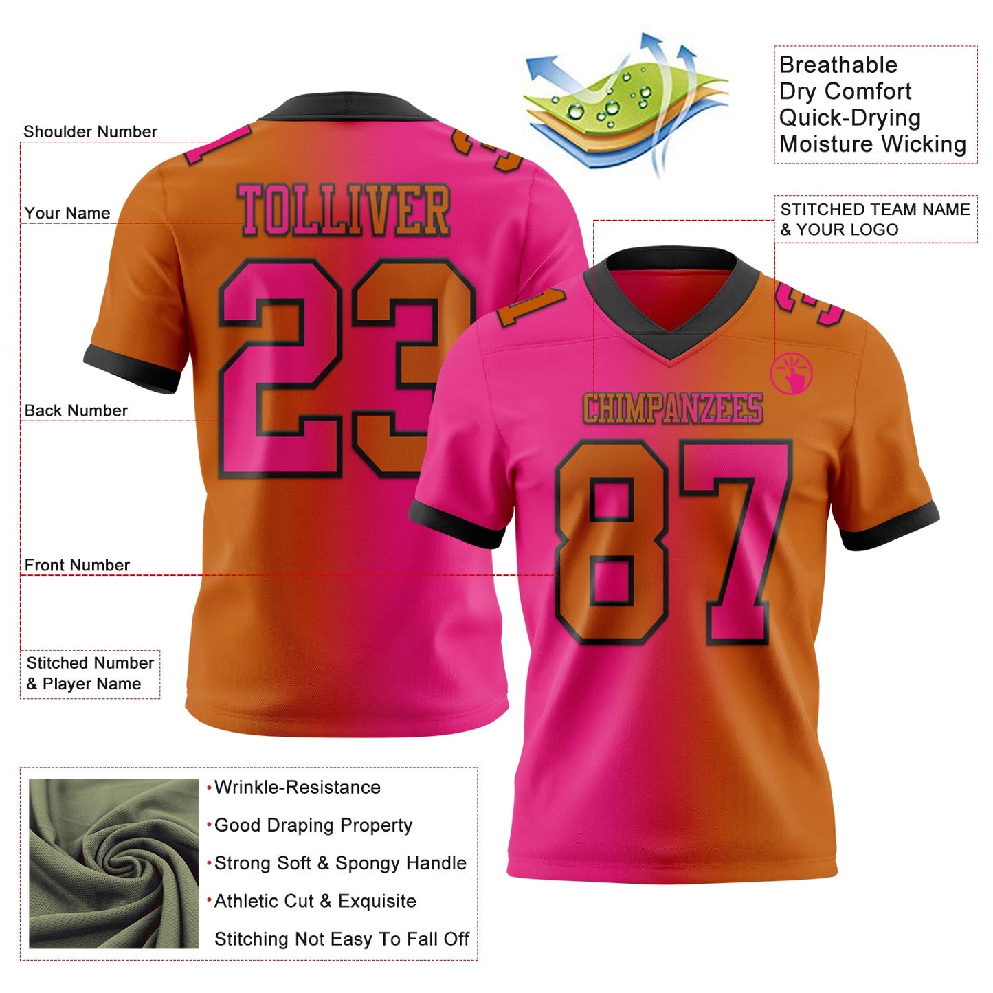 Custom Texas Orange Hot Pink-Black Authentic Gradient Fashion Football Jersey view 2