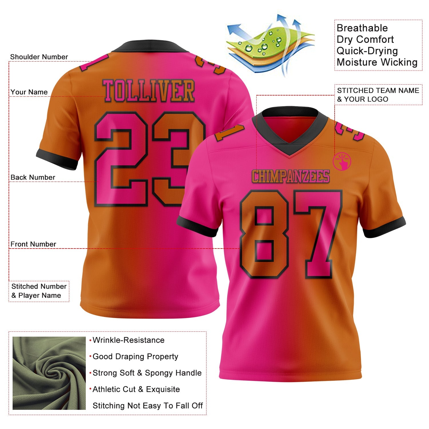 Custom Texas Orange Hot Pink-Black Authentic Gradient Fashion Football Jersey view 2