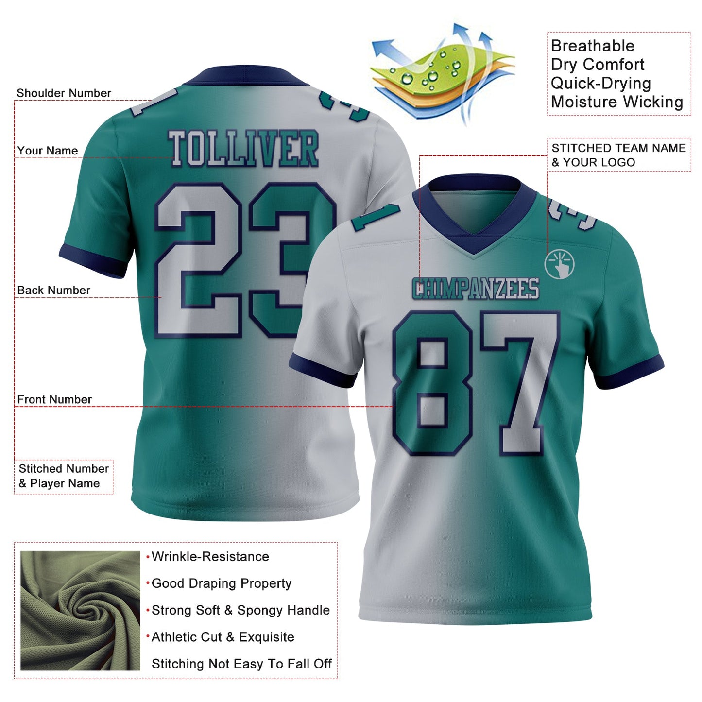 Custom Teal Gray-Navy Authentic Gradient Fashion Football Jersey view 2