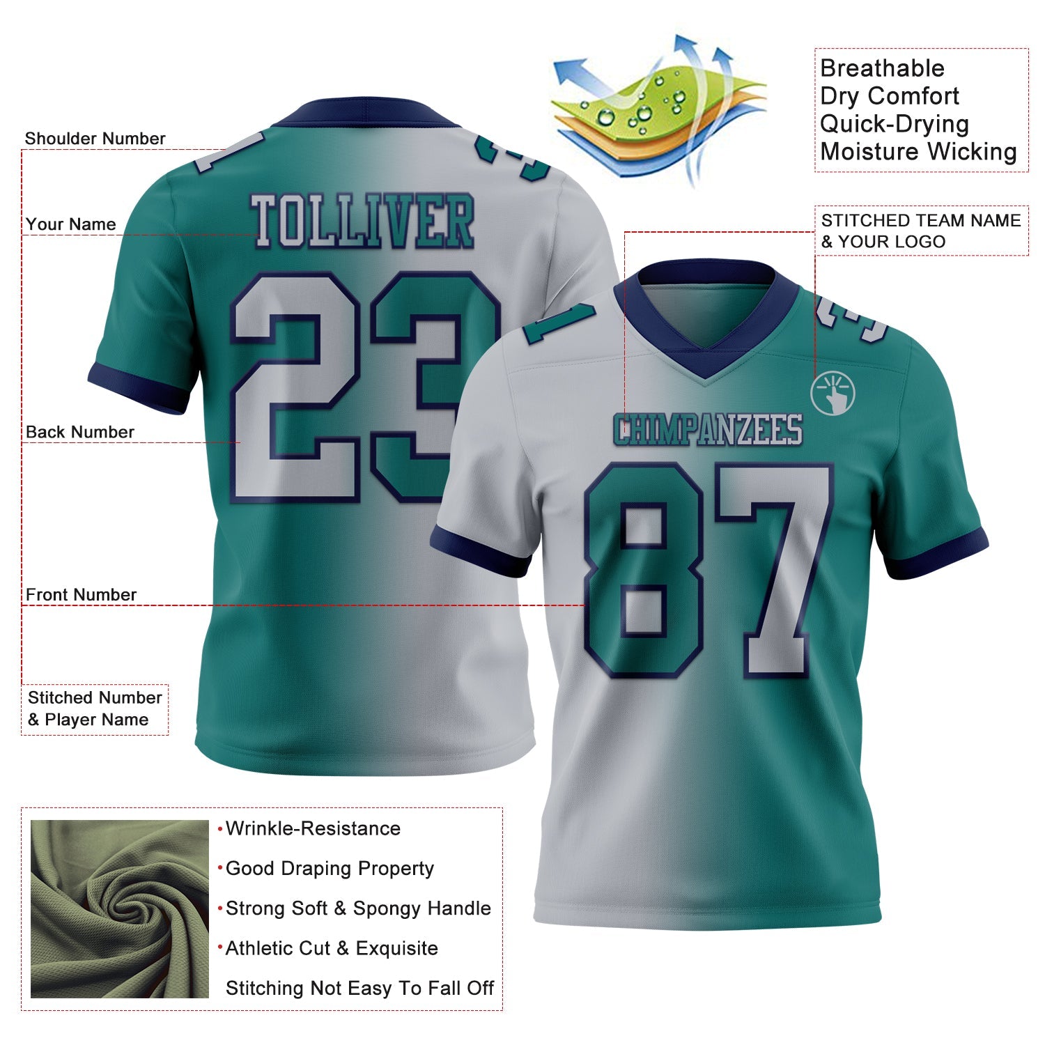 Custom Teal Gray-Navy Authentic Gradient Fashion Football Jersey view 2