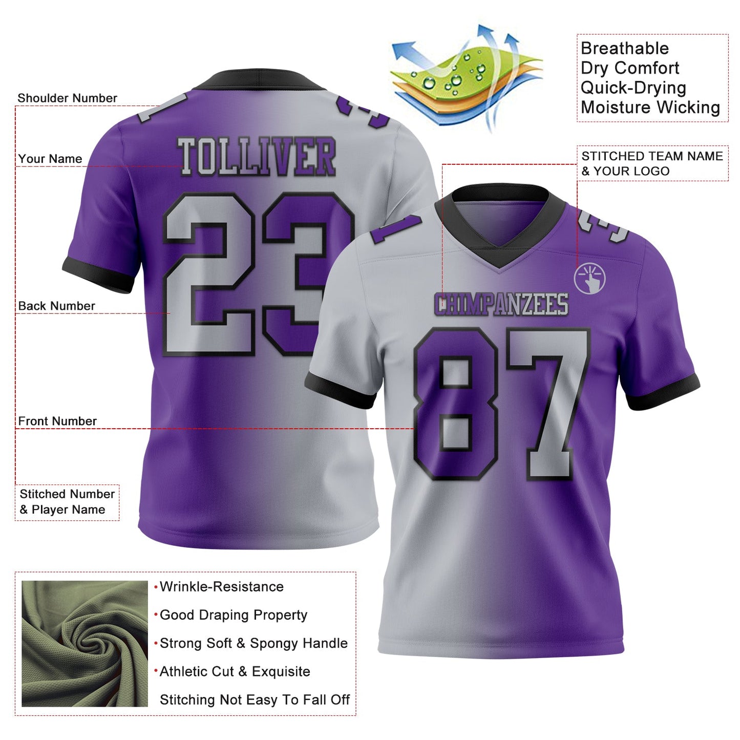 Custom Purple Gray-Black Authentic Gradient Fashion Football Jersey view 2