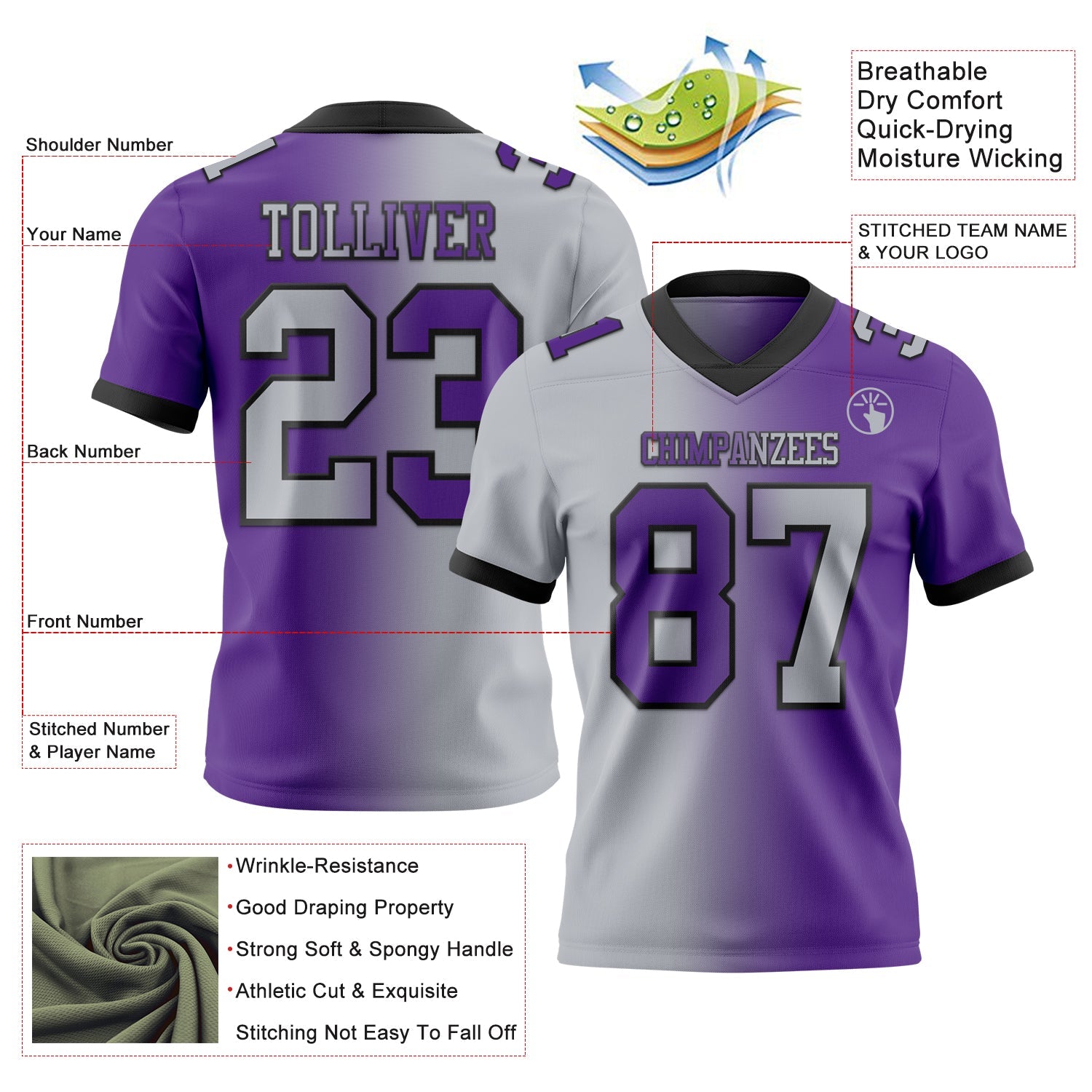 Custom Purple Gray-Black Authentic Gradient Fashion Football Jersey view 2