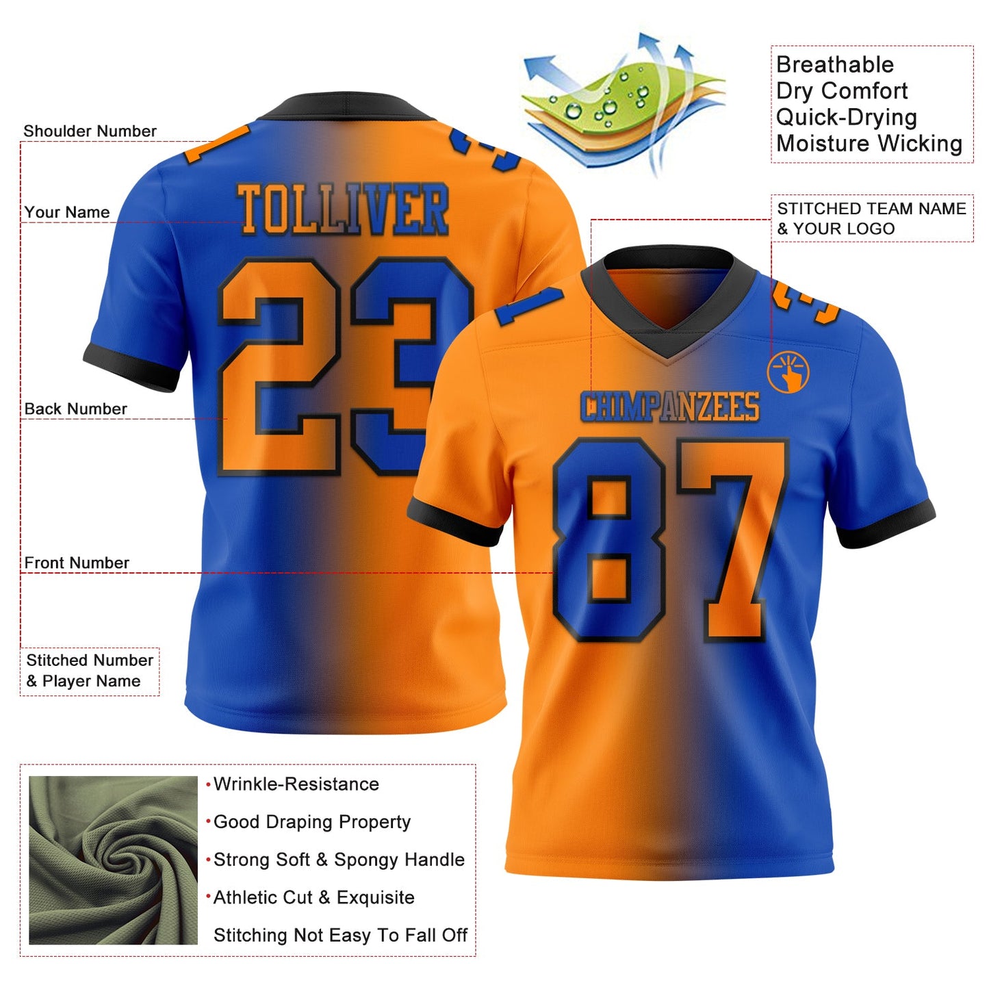 Custom Thunder Blue Bay Orange-Black Authentic Gradient Fashion Football Jersey view 2