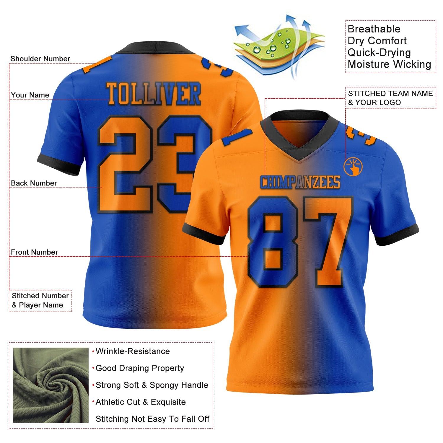 Custom Thunder Blue Bay Orange-Black Authentic Gradient Fashion Football Jersey view 2