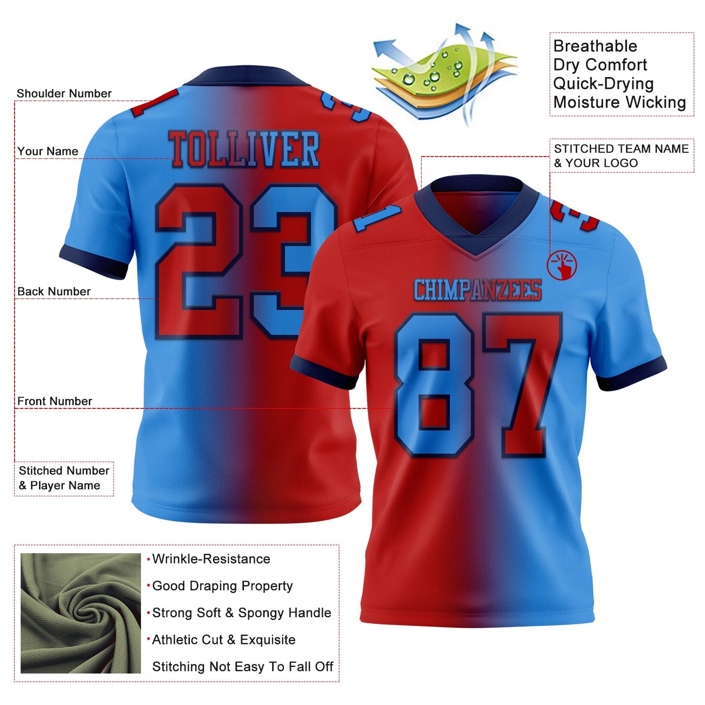 Custom Powder Blue Red-Navy Authentic Gradient Fashion Football Jersey view 2