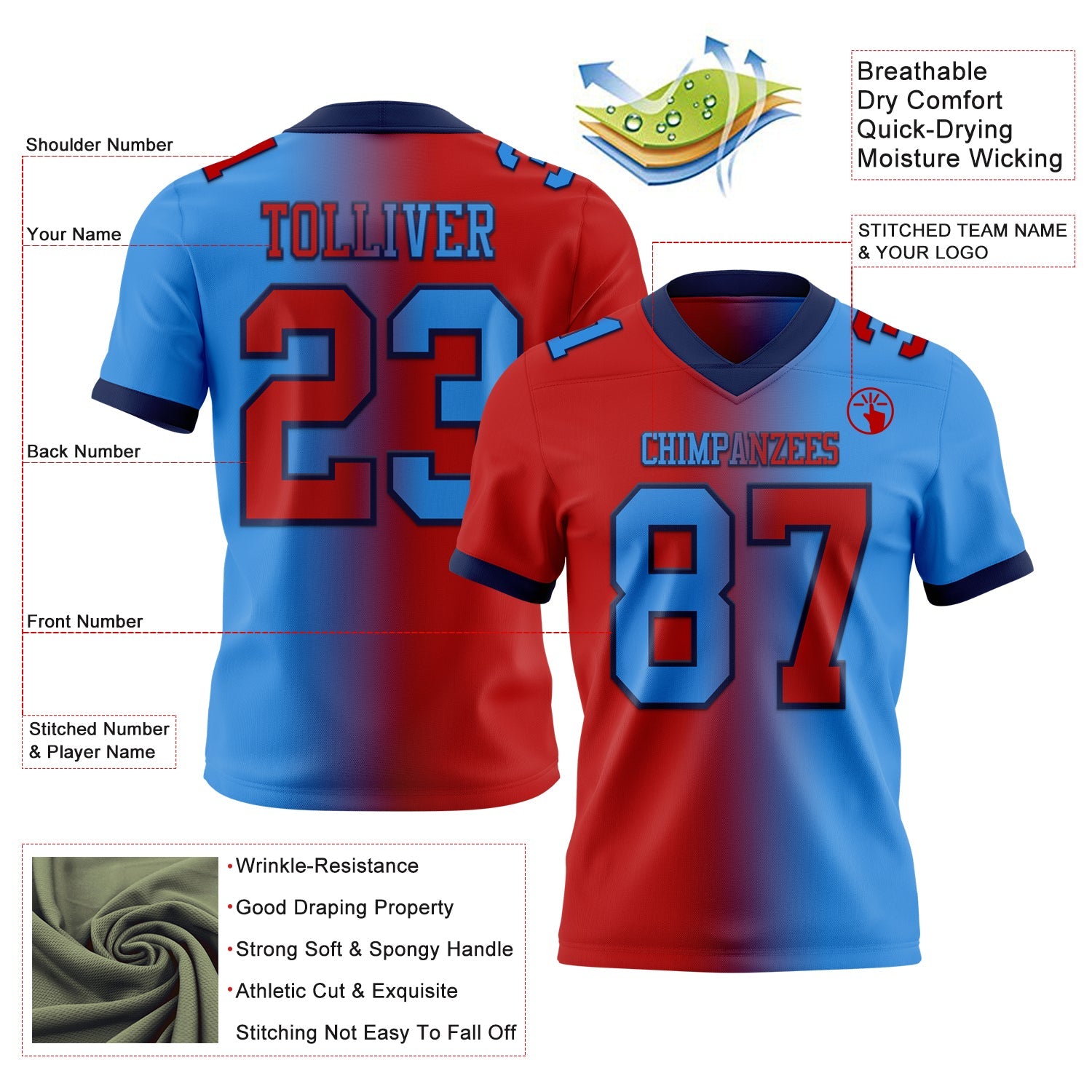 Custom Powder Blue Red-Navy Authentic Gradient Fashion Football Jersey view 2