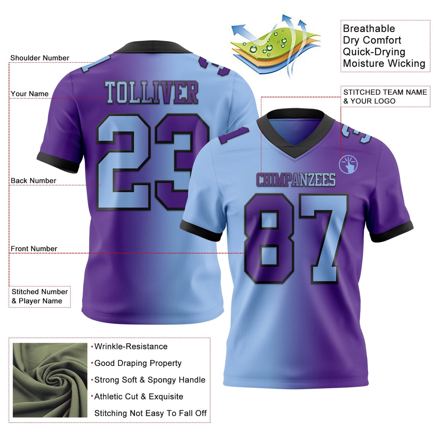 Custom Purple Light Blue-Black Authentic Gradient Fashion Football Jersey view 3
