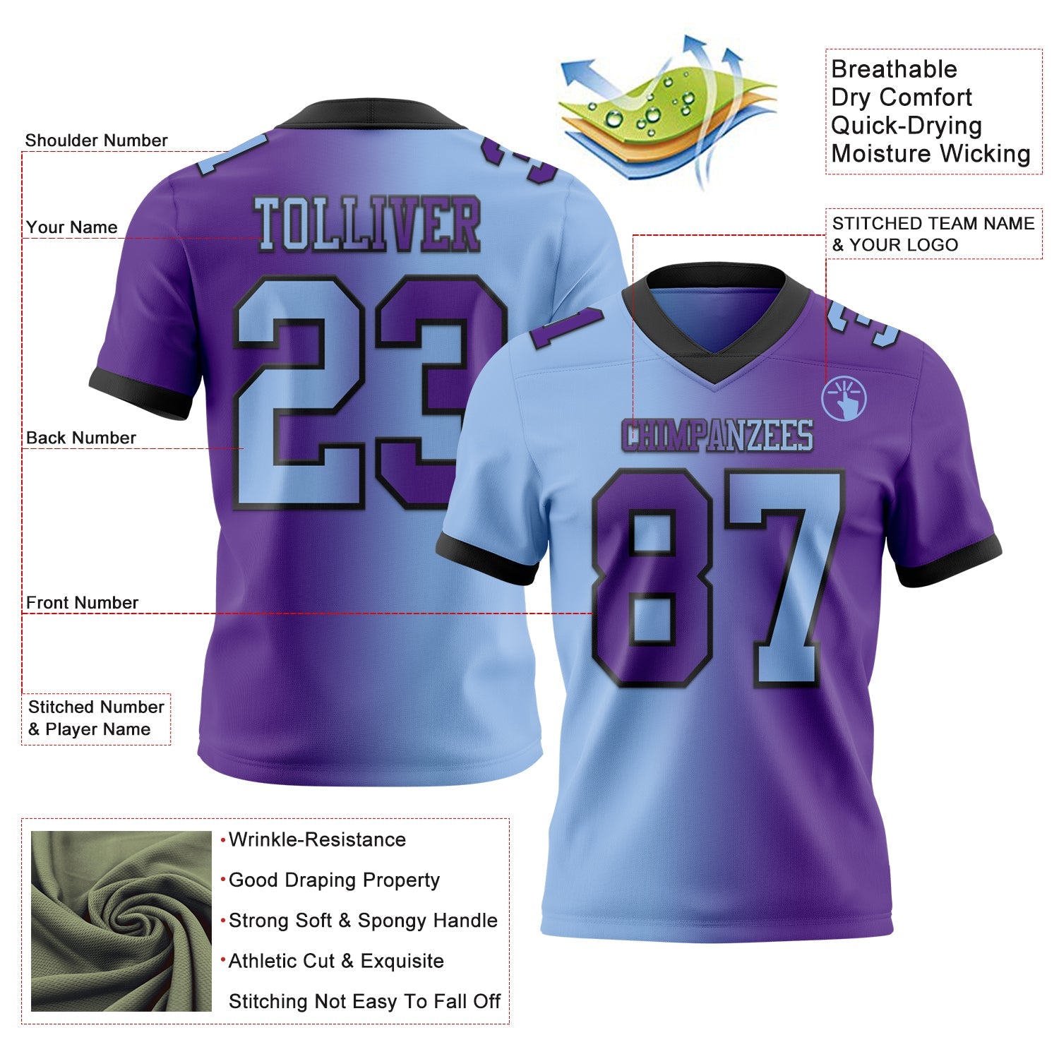 Custom Purple Light Blue-Black Authentic Gradient Fashion Football Jersey view 3