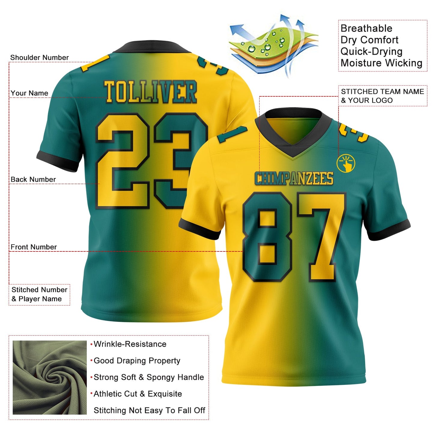 Custom Teal Yellow-Black Authentic Gradient Fashion Football Jersey view 2