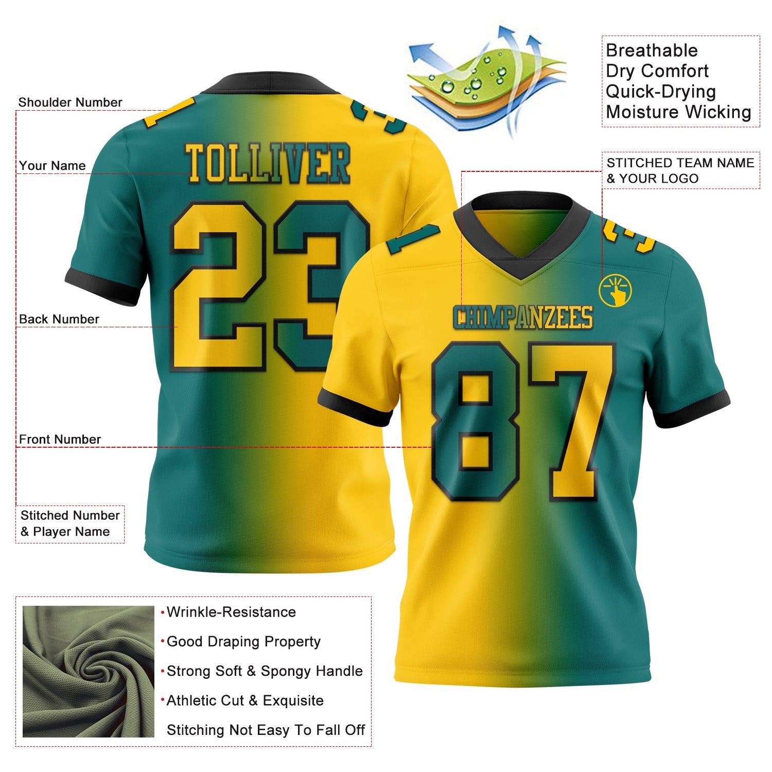 Custom Teal Yellow-Black Authentic Gradient Fashion Football Jersey view 2