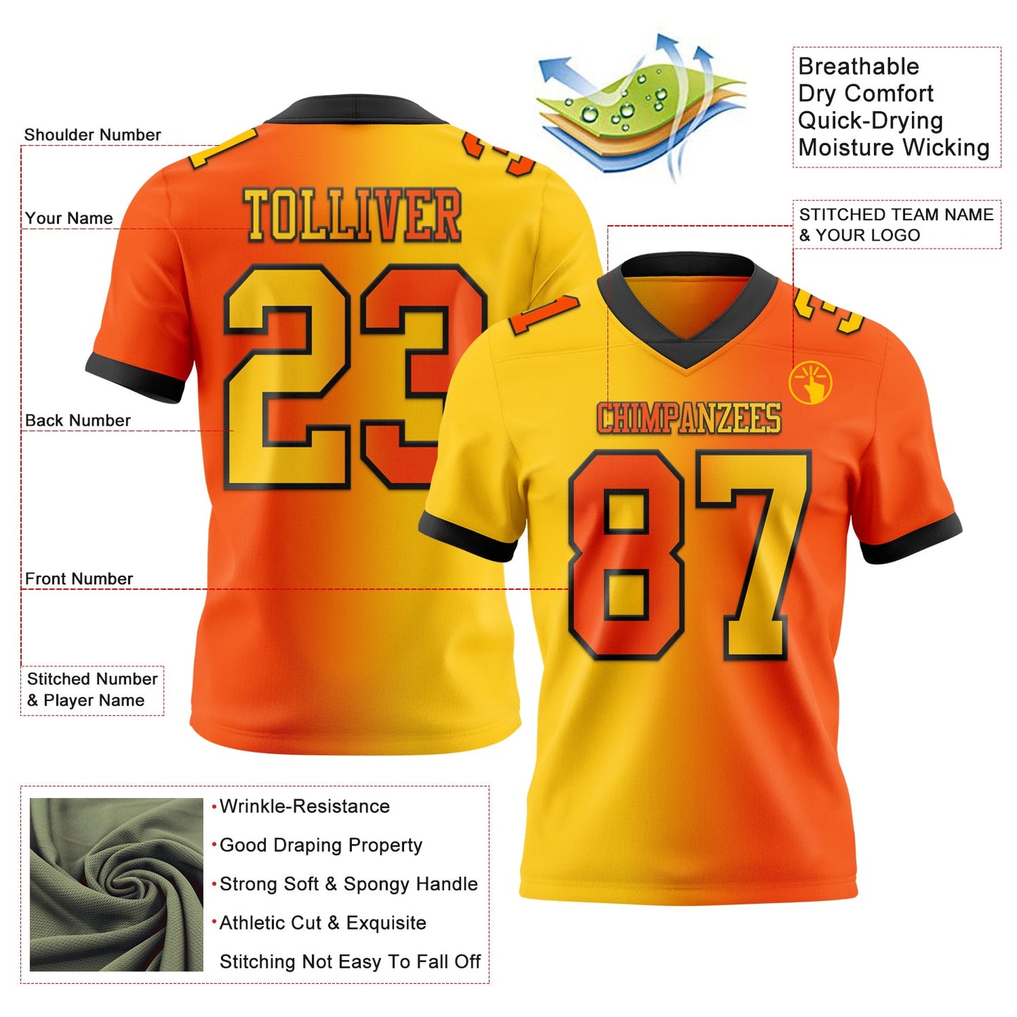 Custom Orange Yellow-Black Authentic Gradient Fashion Football Jersey view 2