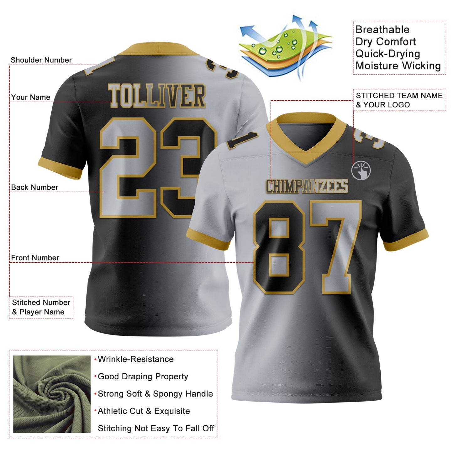 Custom Black Gray-Old Gold Authentic Gradient Fashion Football Jersey view 2