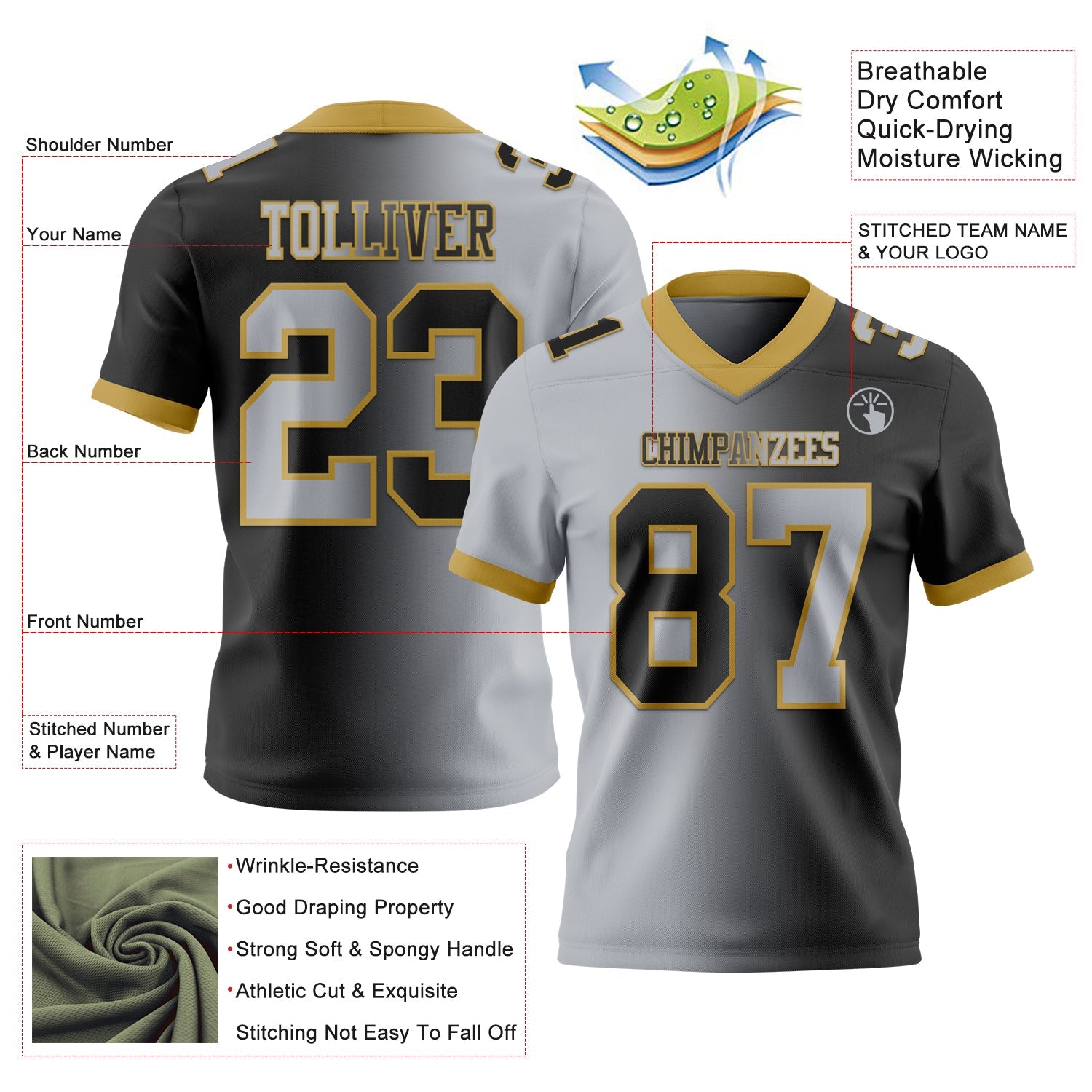 Custom Black Gray-Old Gold Authentic Gradient Fashion Football Jersey view 2
