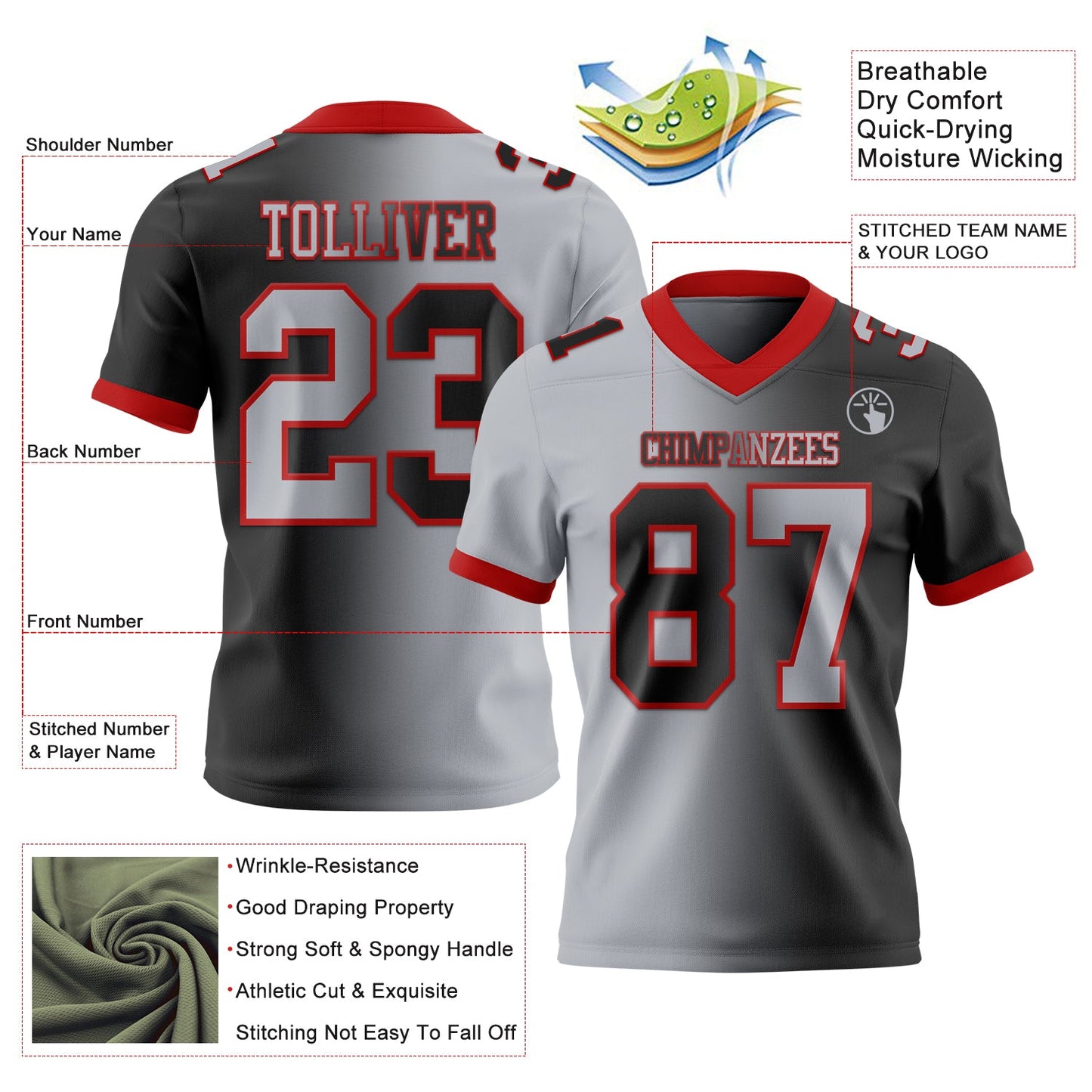 Custom Black Gray-Red Authentic Gradient Fashion Football Jersey view 3