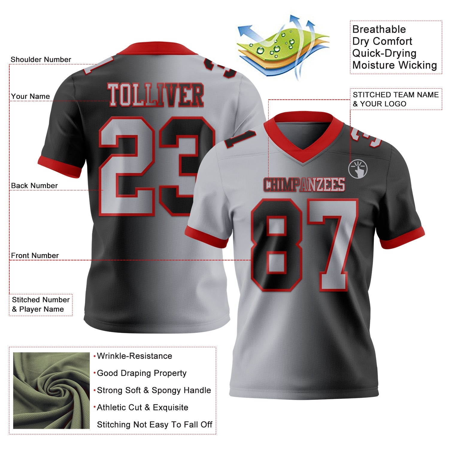 Custom Black Gray-Red Authentic Gradient Fashion Football Jersey view 3