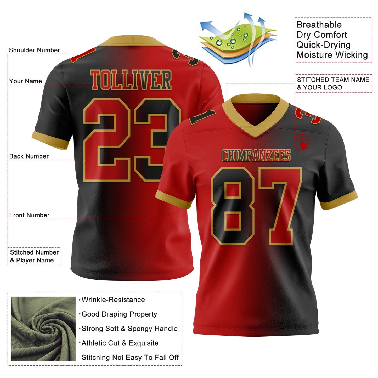 Custom Black Red-Old Gold Authentic Gradient Fashion Football Jersey view 3