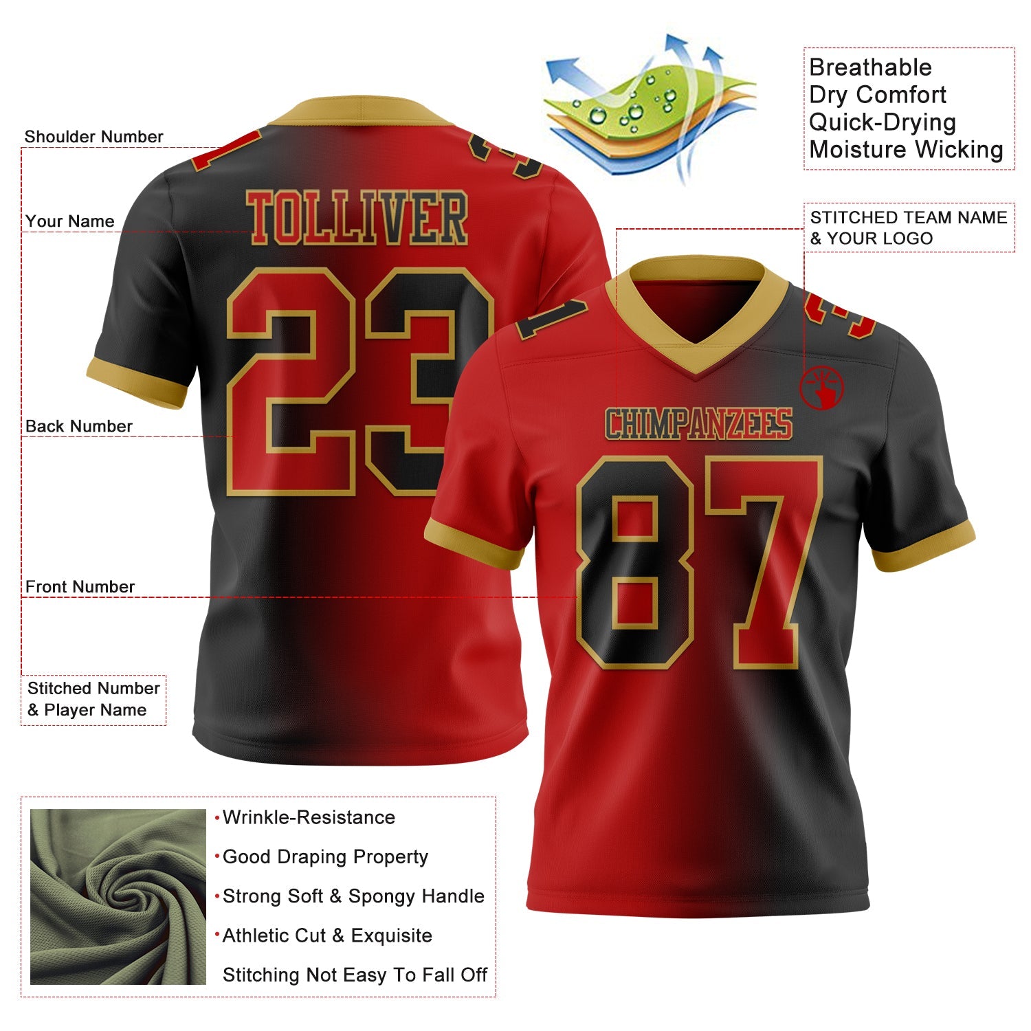 Custom Black Red-Old Gold Authentic Gradient Fashion Football Jersey view 3