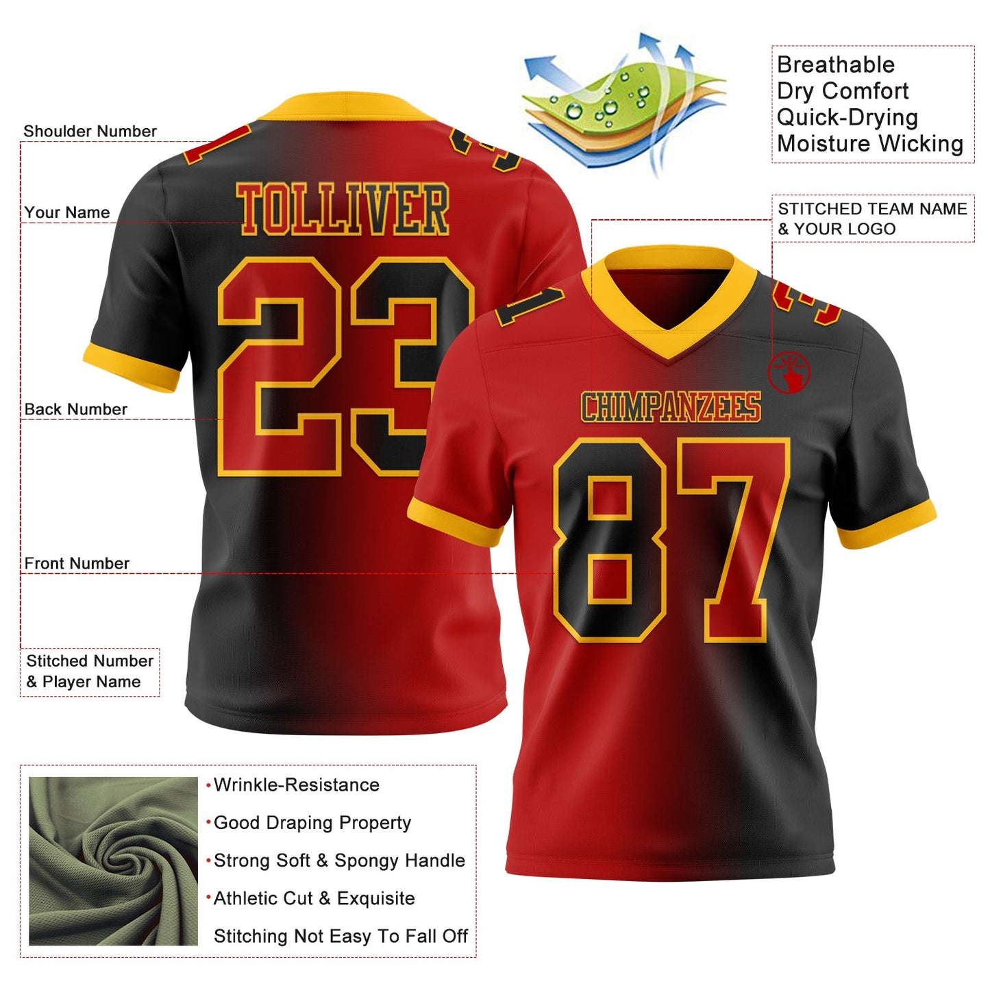 Custom Black Red-Gold Authentic Gradient Fashion Football Jersey view 2