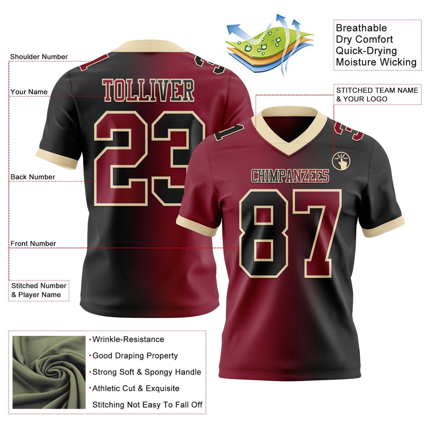 Custom Black Crimson-Cream Authentic Gradient Fashion Football Jersey view 2