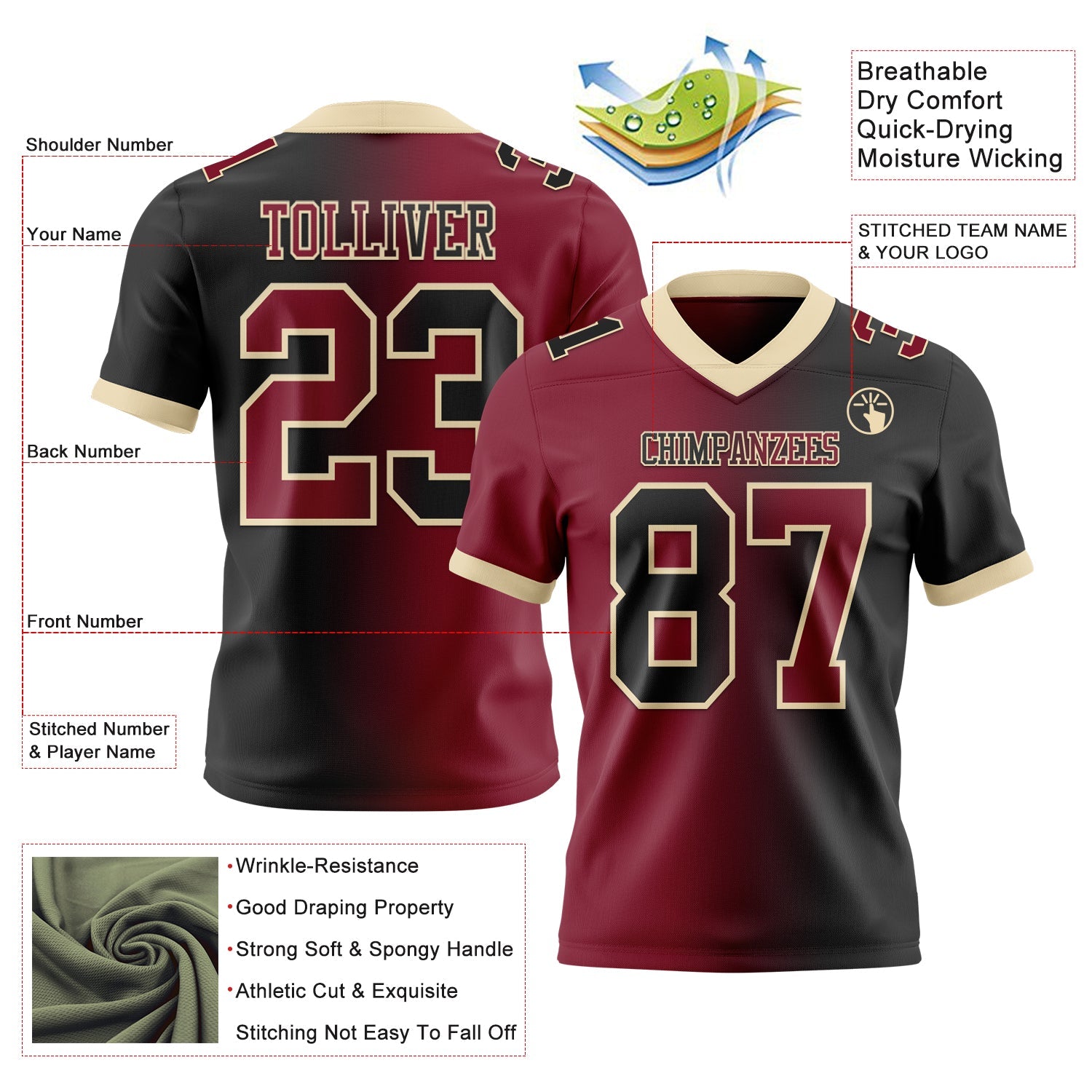 Custom Black Crimson-Cream Authentic Gradient Fashion Football Jersey view 2