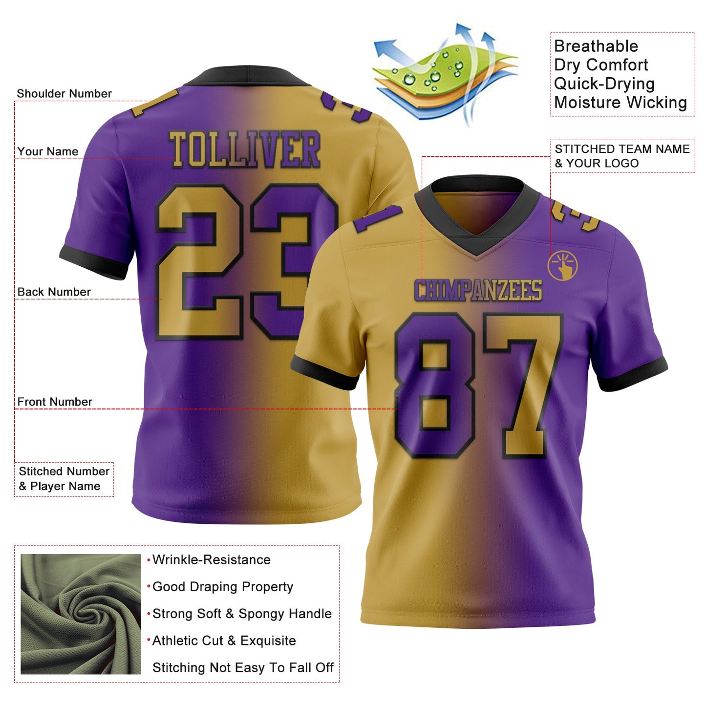 Custom Purple Old Gold-Black Authentic Gradient Fashion Football Jersey view 2