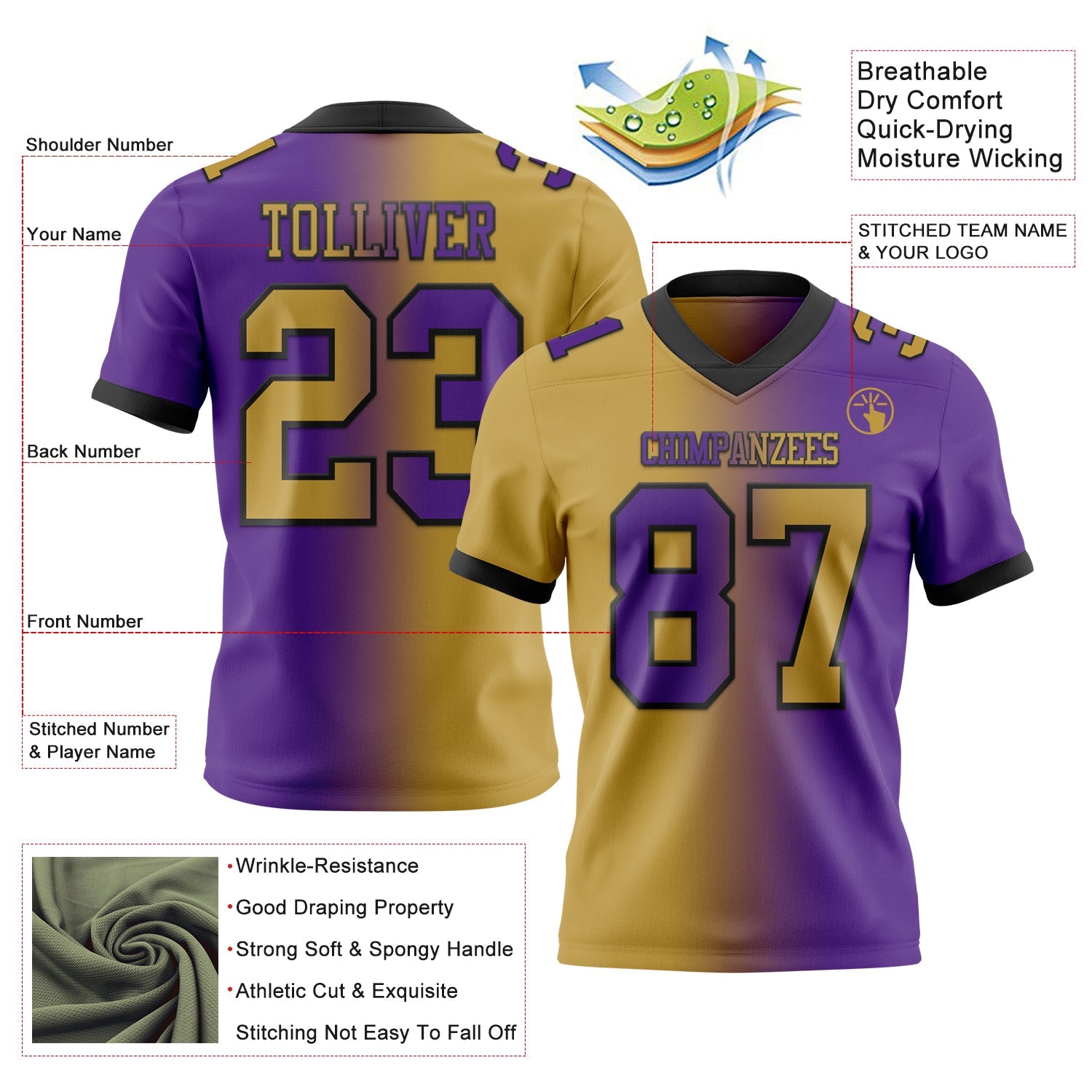 Custom Purple Old Gold-Black Authentic Gradient Fashion Football Jersey view 2