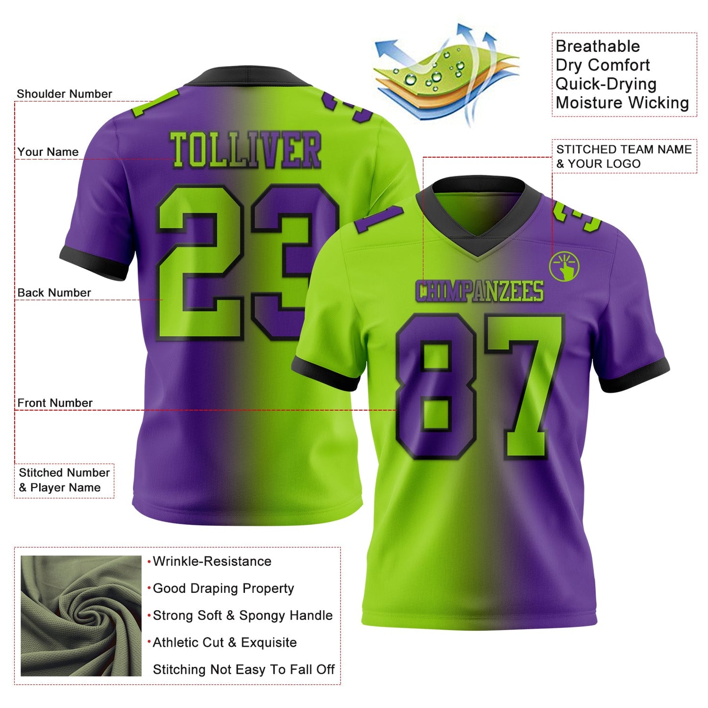 Custom Purple Neon Green-Black Authentic Gradient Fashion Football Jersey view 2