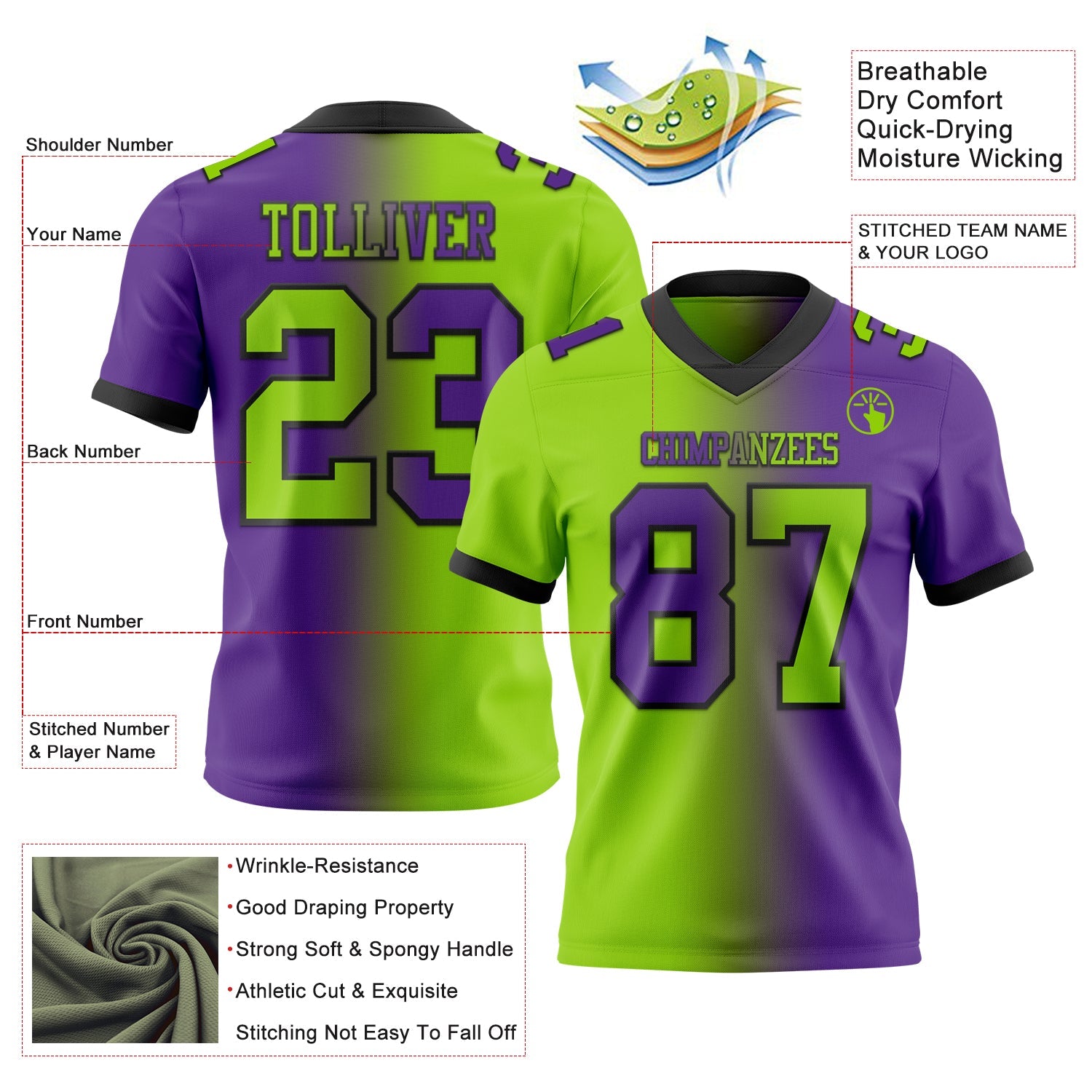 Custom Purple Neon Green-Black Authentic Gradient Fashion Football Jersey view 2
