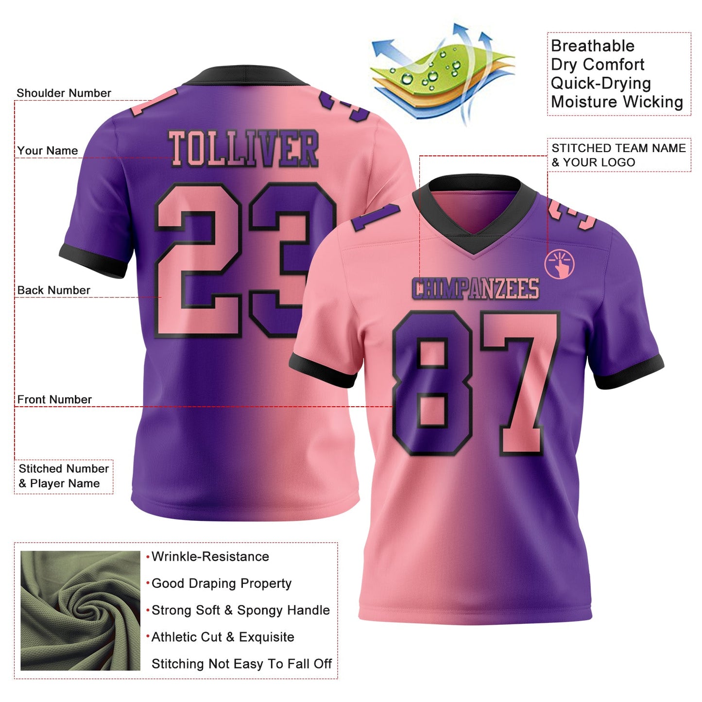Custom Purple Medium Pink-Black Authentic Gradient Fashion Football Jersey view 2