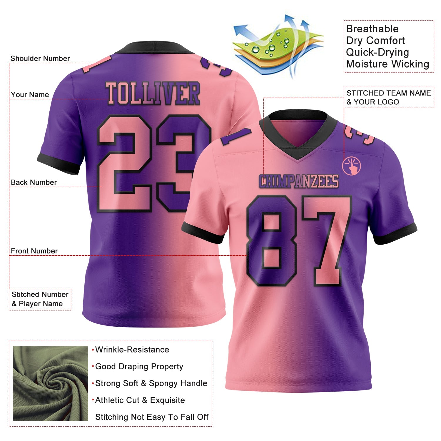 Custom Purple Medium Pink-Black Authentic Gradient Fashion Football Jersey view 2