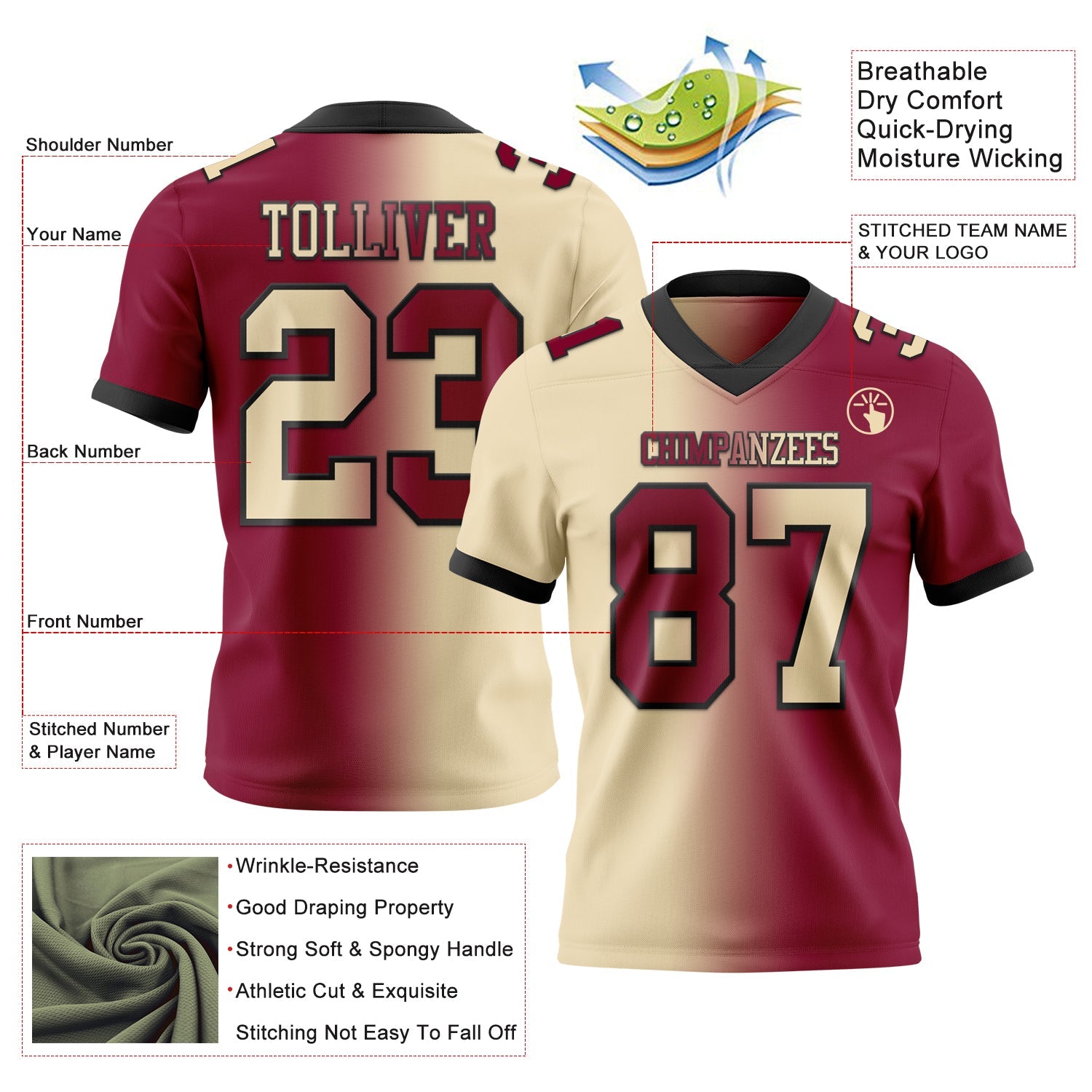 Custom Maroon Cream-Black Authentic Gradient Fashion Football Jersey view 2