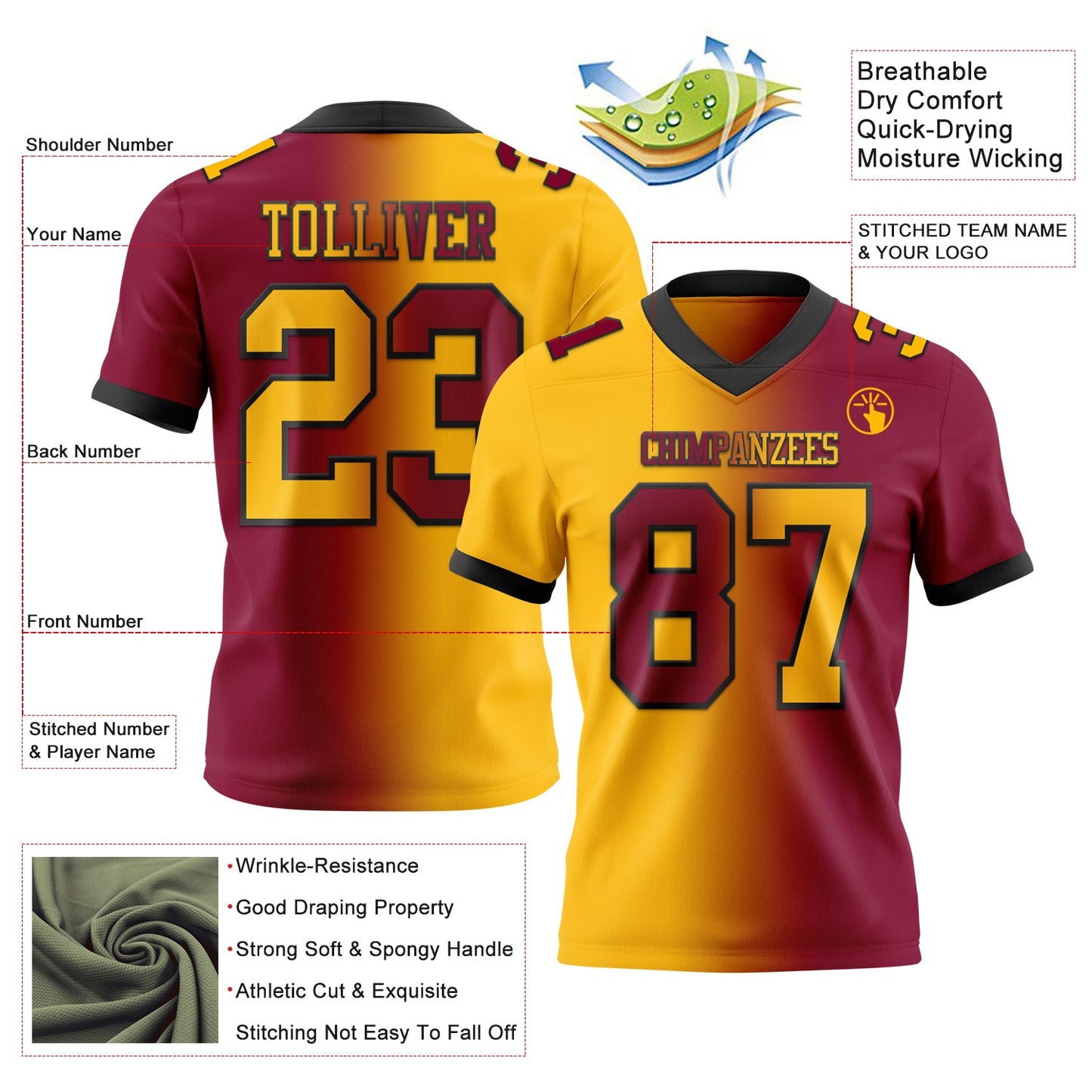 Custom Maroon Gold-Black Authentic Gradient Fashion Football Jersey view 2