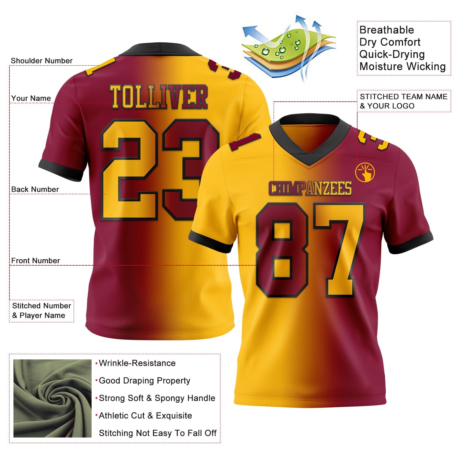 Custom Maroon Gold-Black Authentic Gradient Fashion Football Jersey view 2