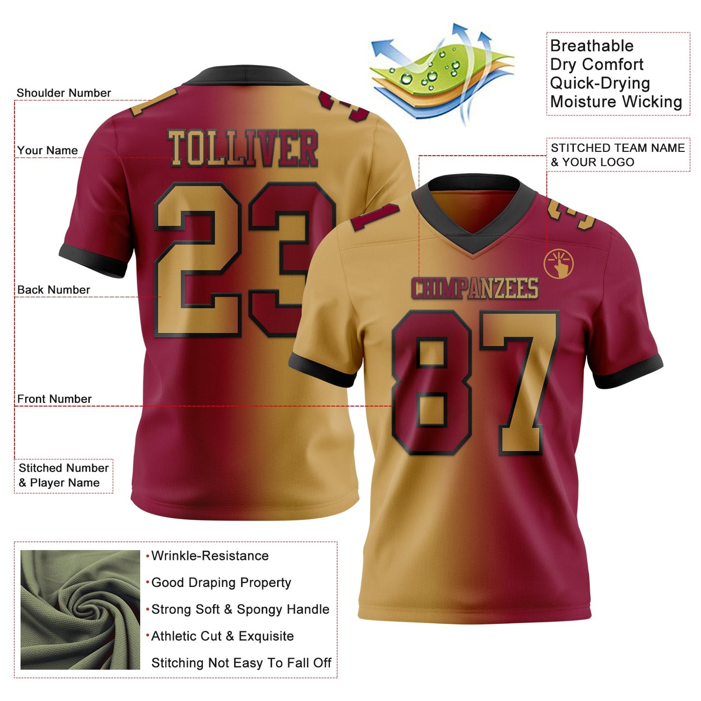 Custom Maroon Old Gold-Black Authentic Gradient Fashion Football Jersey view 2