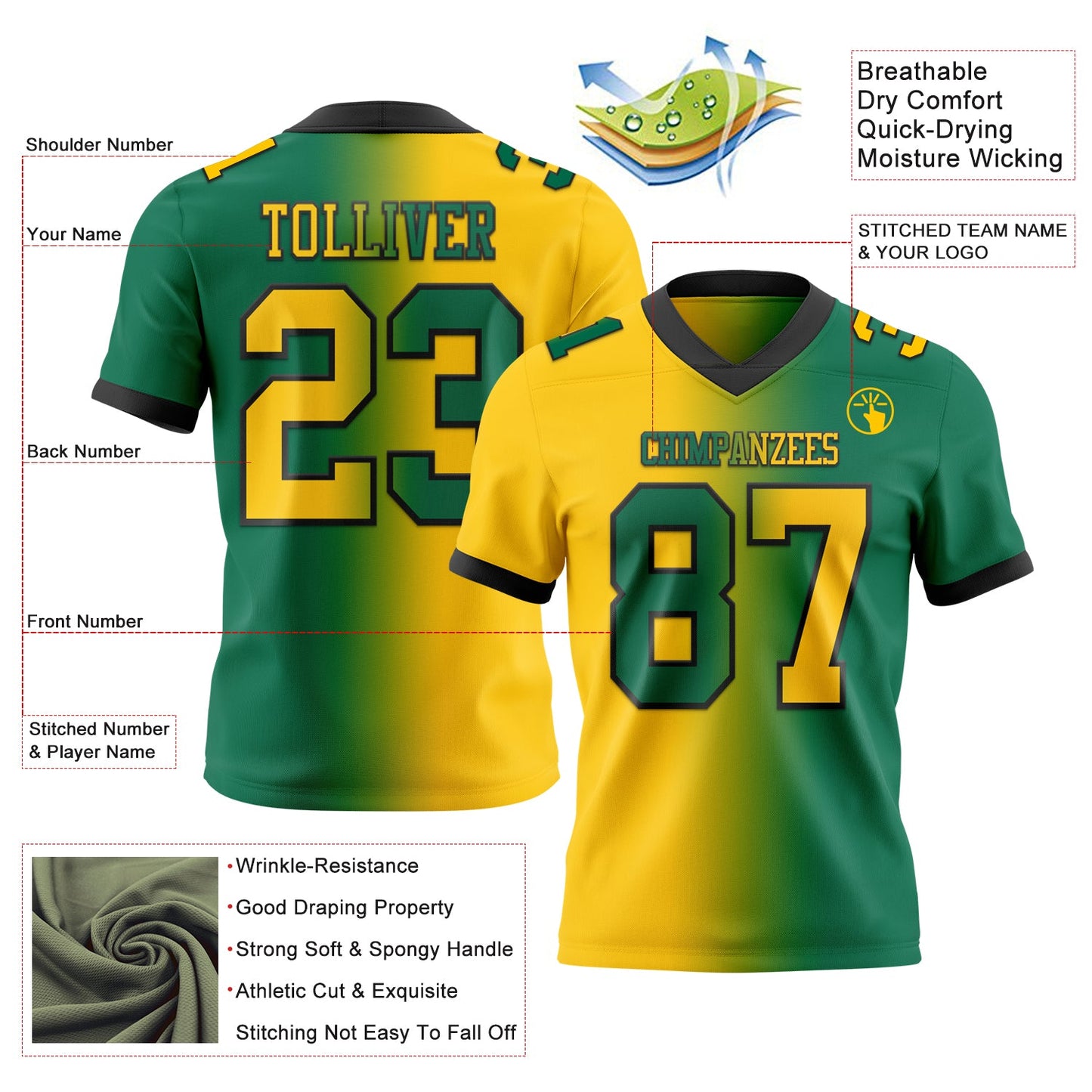 Custom Kelly Green Yellow-Black Authentic Gradient Fashion Football Jersey view 2