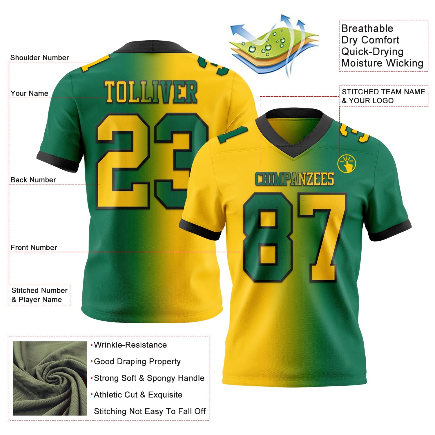 Custom Kelly Green Yellow-Black Authentic Gradient Fashion Football Jersey view 2