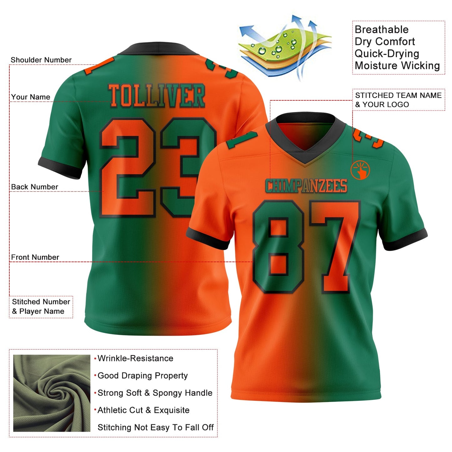 Custom Kelly Green Orange-Black Authentic Gradient Fashion Football Jersey view 2