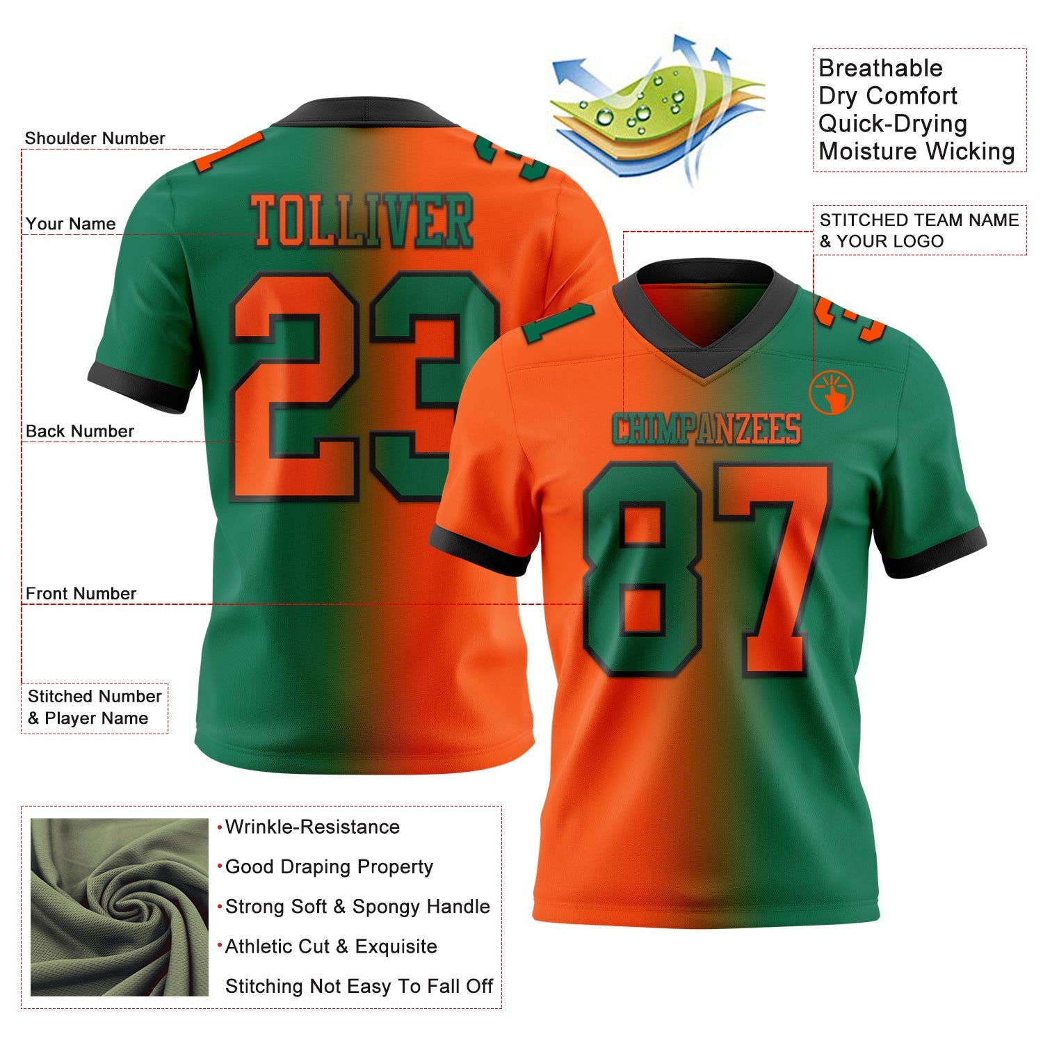 Custom Kelly Green Orange-Black Authentic Gradient Fashion Football Jersey view 2