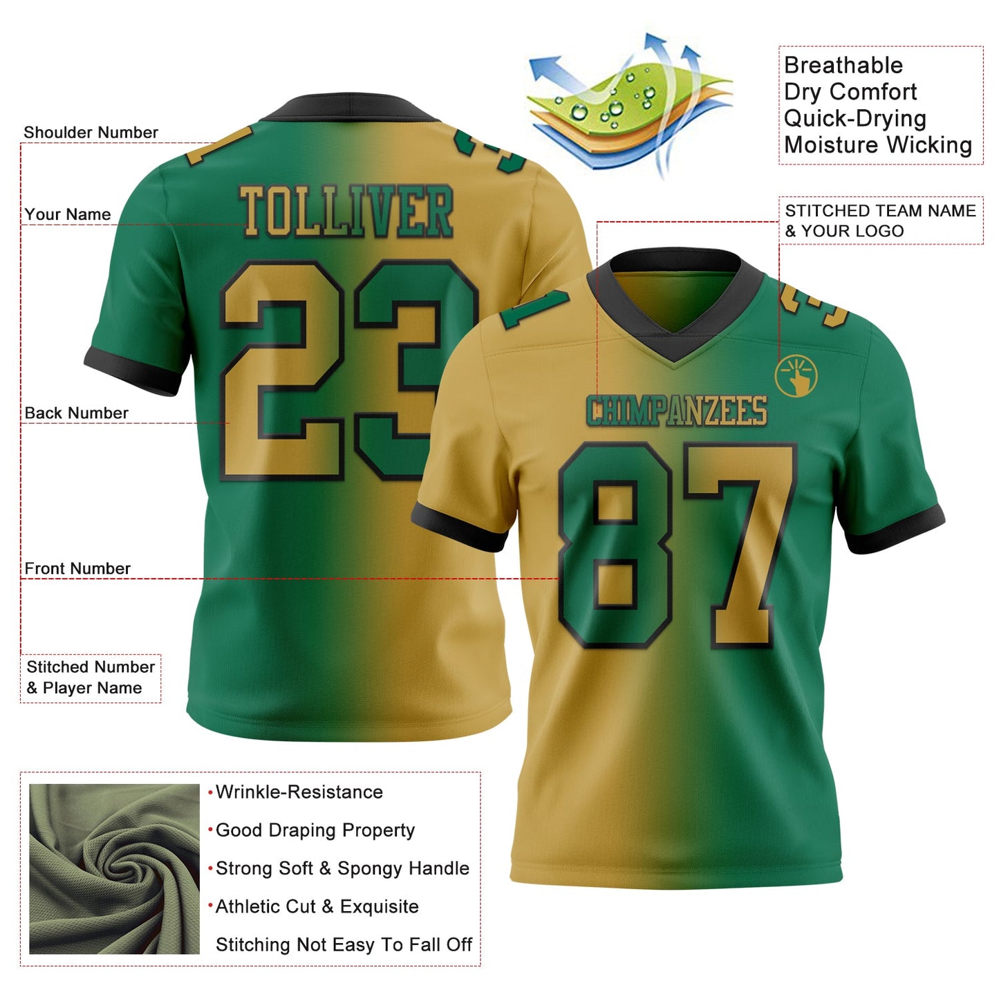 Custom Kelly Green Old Gold-Black Authentic Gradient Fashion Football Jersey view 2