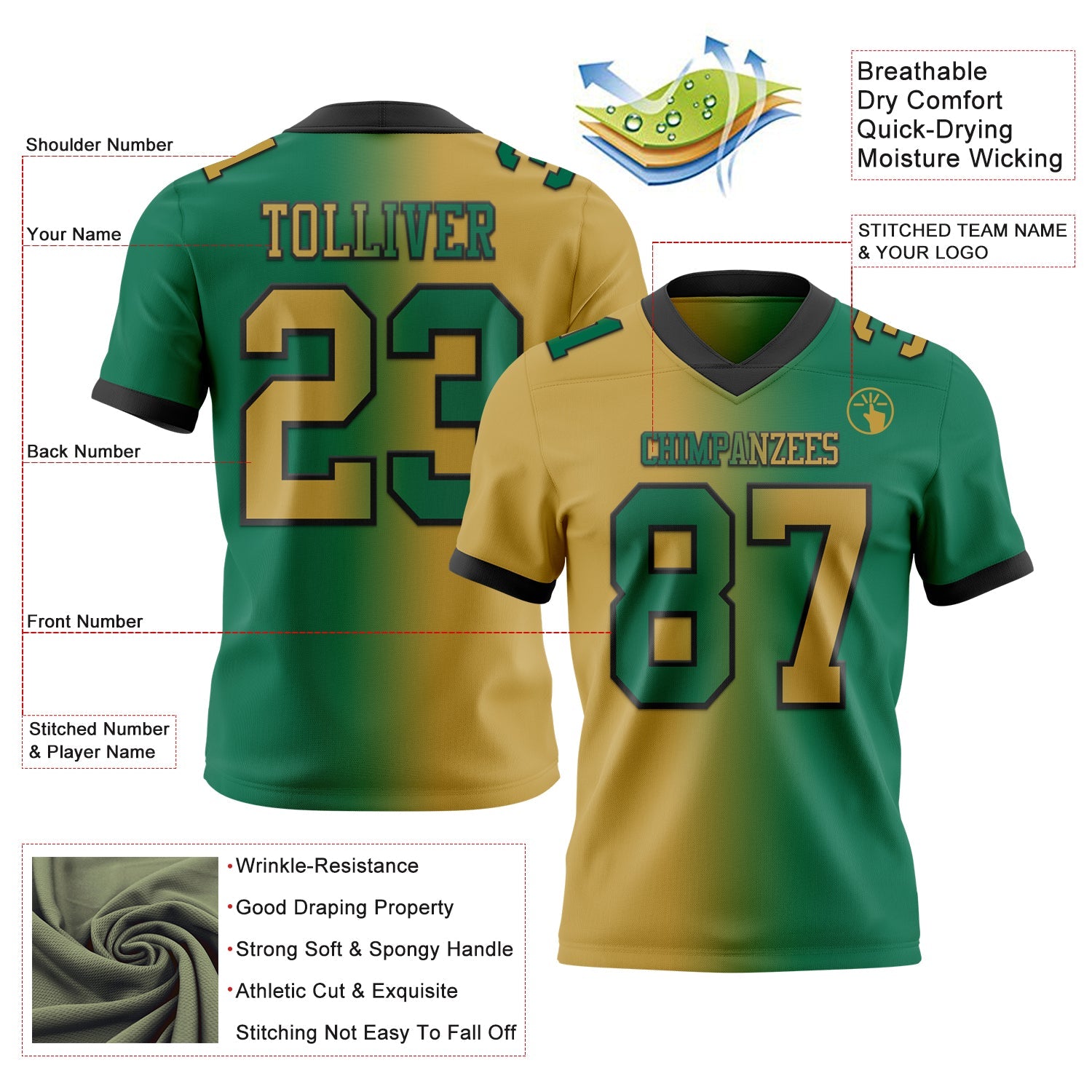 Custom Kelly Green Old Gold-Black Authentic Gradient Fashion Football Jersey view 2