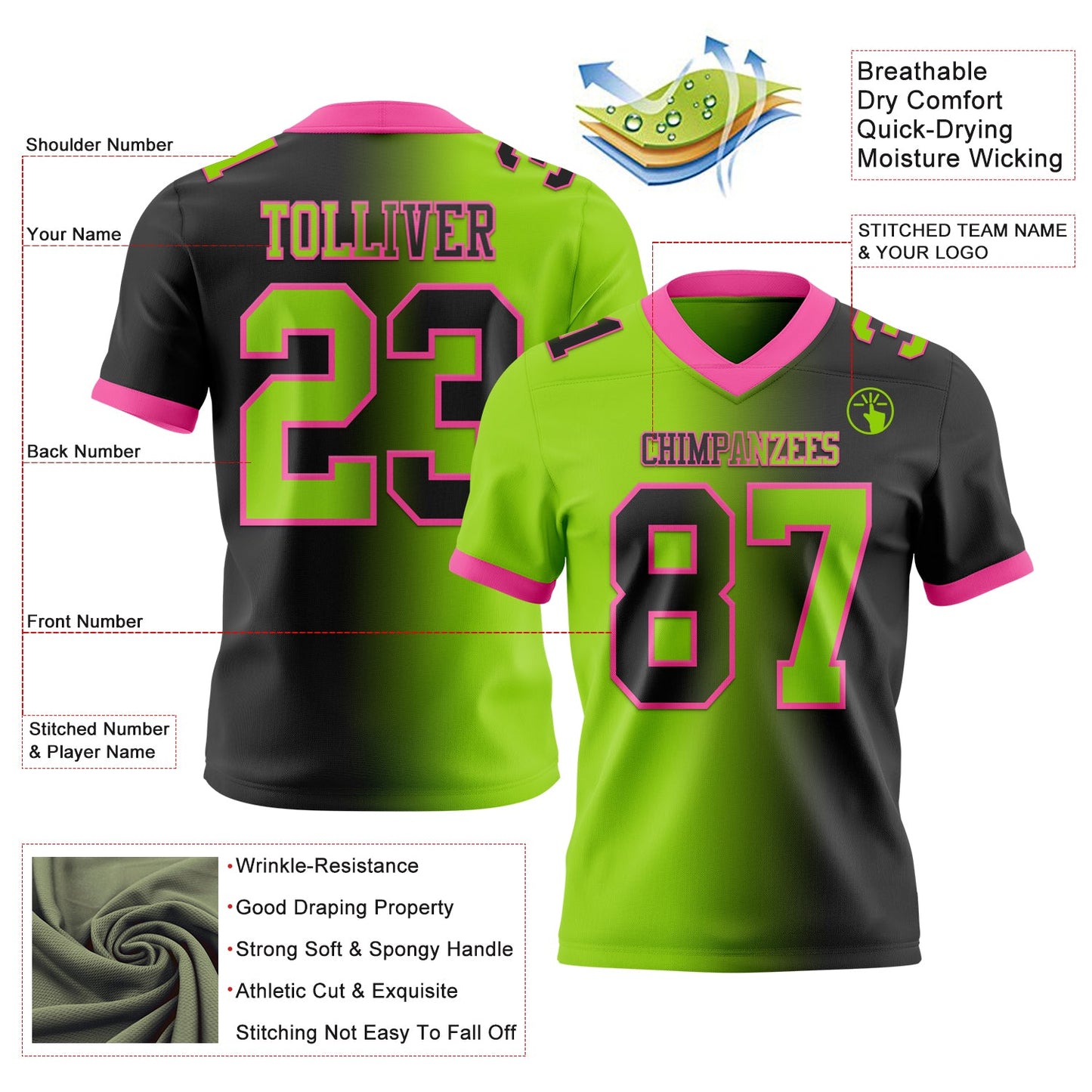 Custom Black Neon Green-Pink Authentic Gradient Fashion Football Jersey view 2