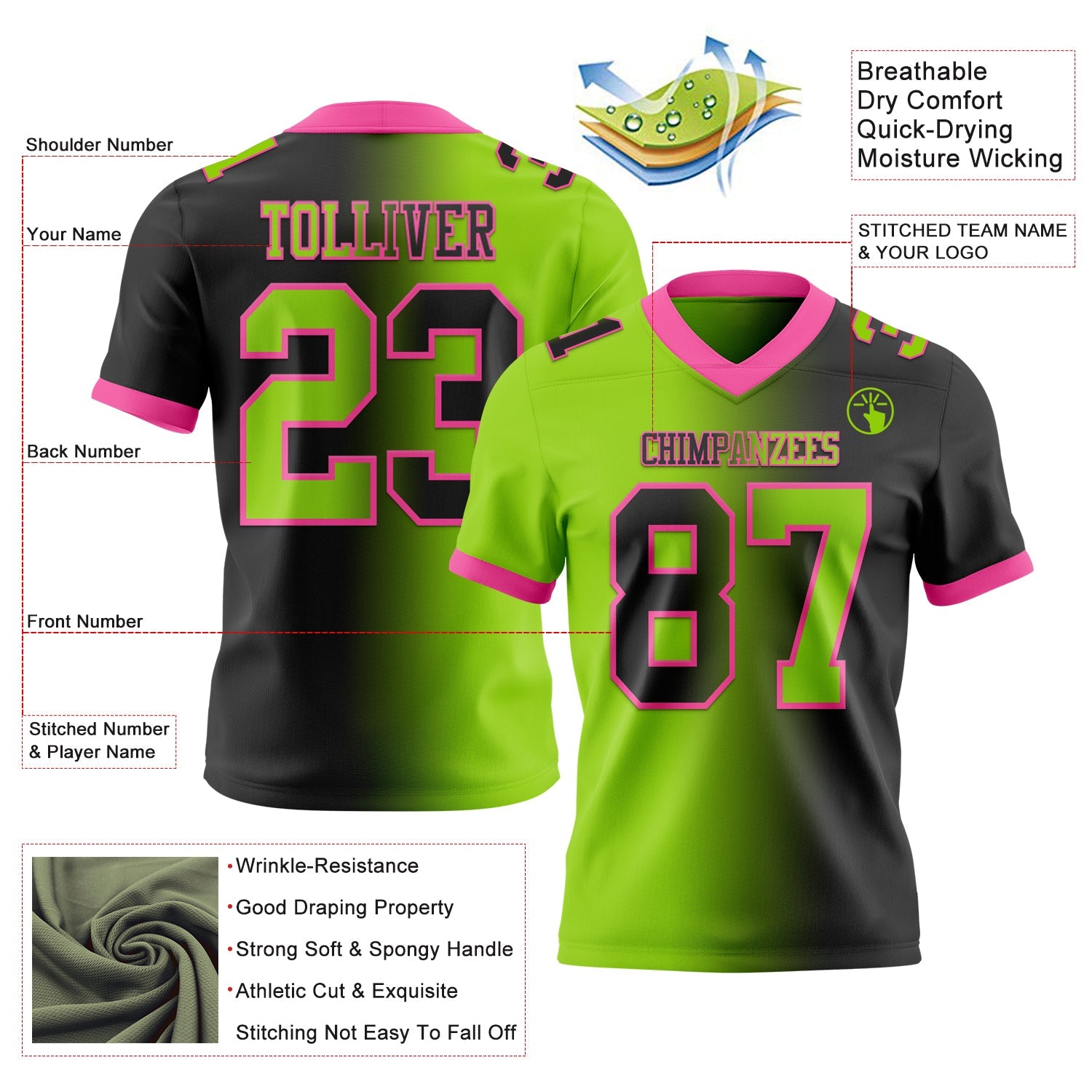 Custom Black Neon Green-Pink Authentic Gradient Fashion Football Jersey view 2
